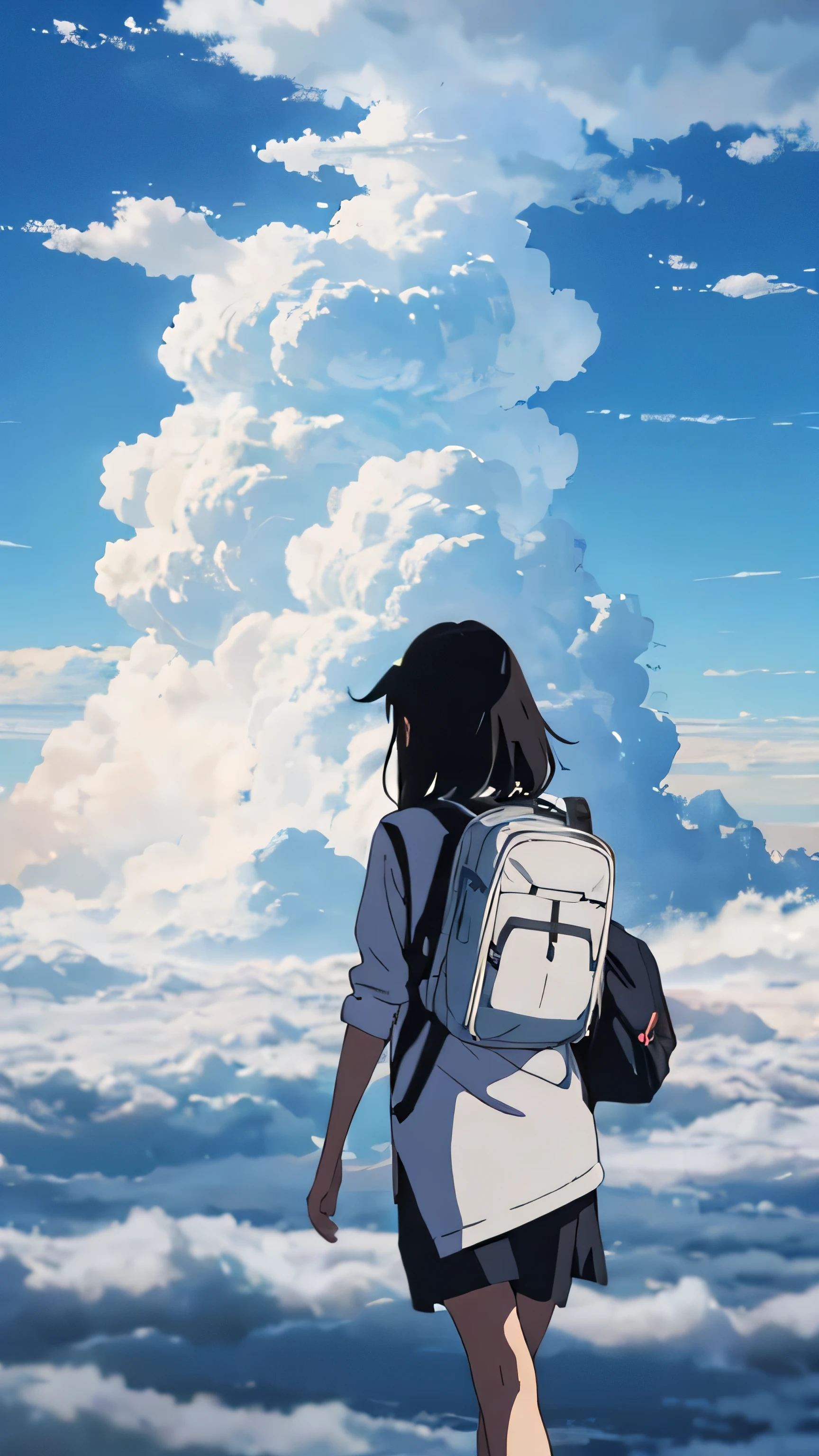 Anime girl with backpack looking at clouds in the sky - SeaArt AI