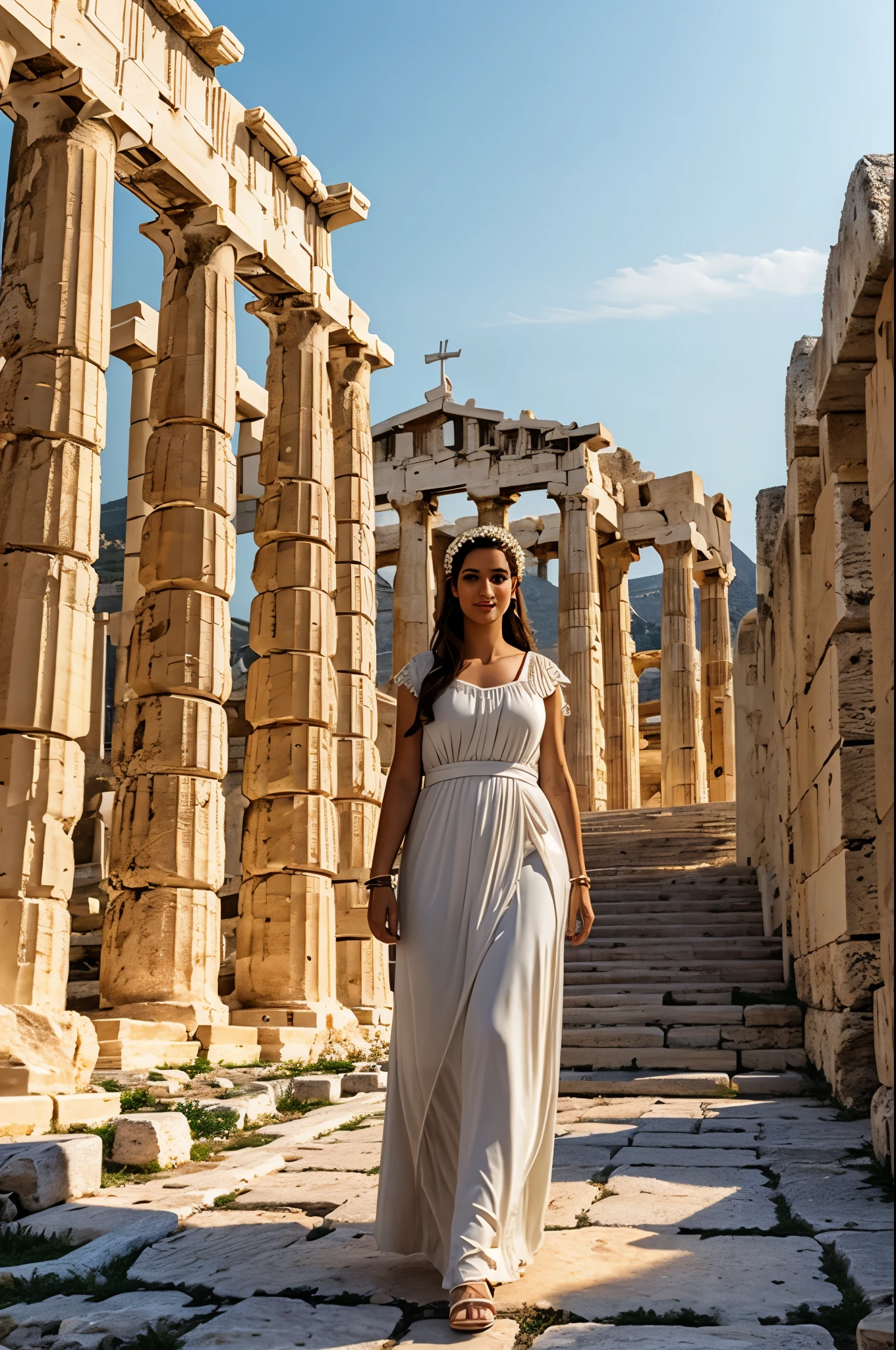 Beautiful hyperrealistic Greek goddess Athens in old Acropolis Greece photorealistic ; not the same as normal person