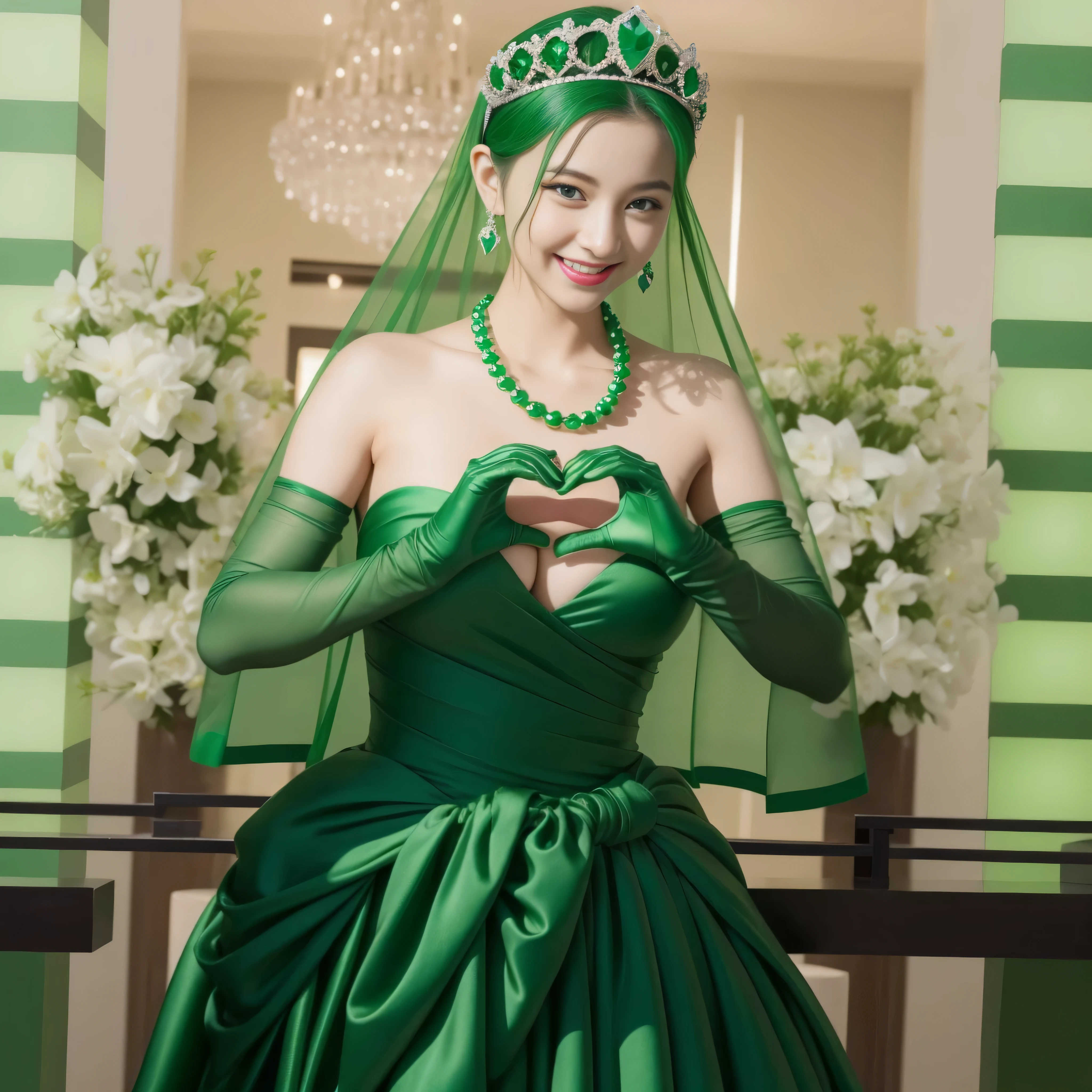 emerald tiara, Green Pearl Necklace, ボーイッシュな非常に短いgreen hair, green lips, smiling Japanese woman, very short hair, Beautiful woman with big breasts, green eyes, green satin long gloves, green eyes, emerald earrings, Green veil, Heart with both hands, green hair, beautiful japanese woman, heart shaped hands:1.3, green lip gloss