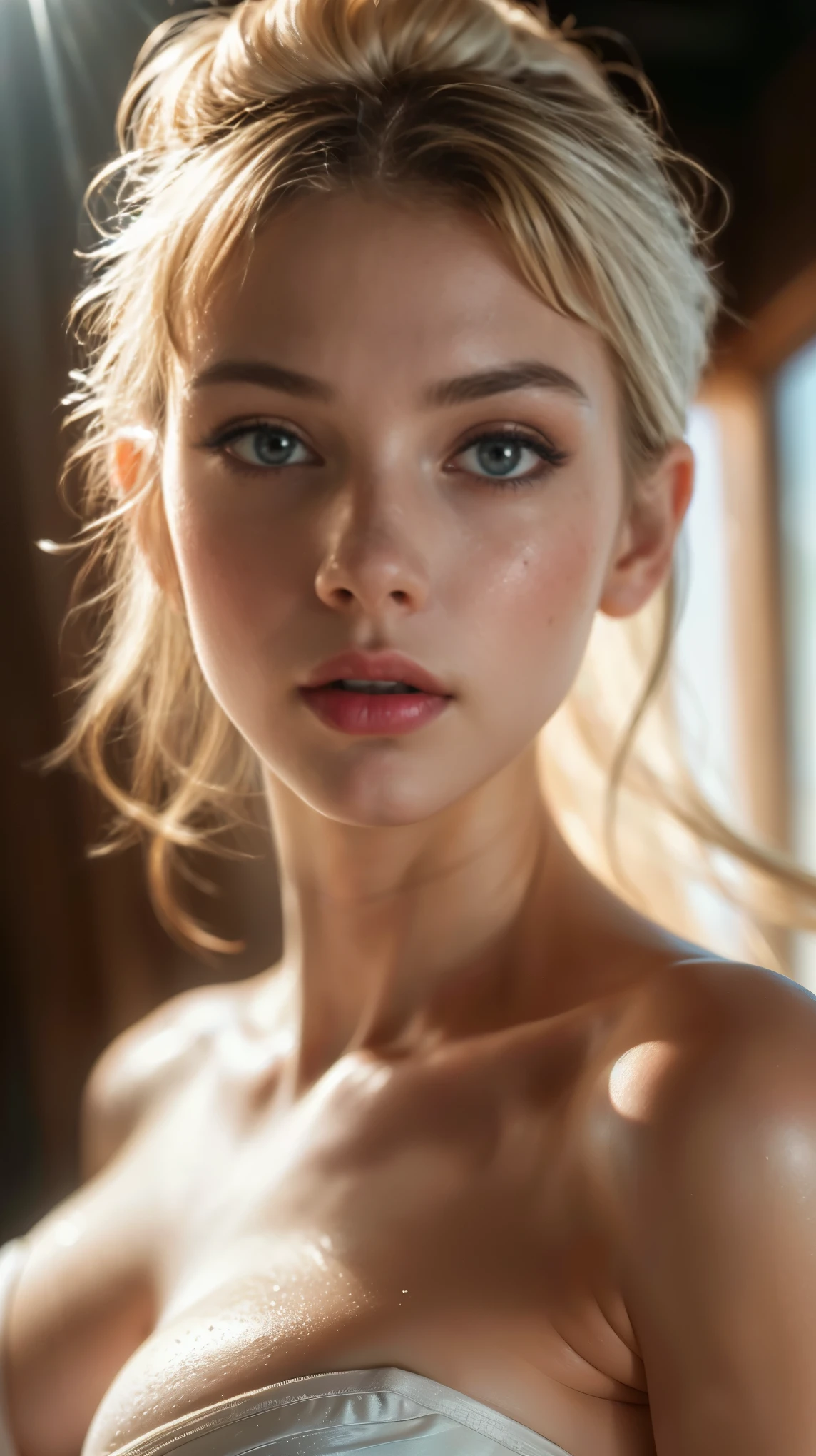 (((ultra realistic))) Photo, masterpiece, top quality, (pale skin), (Ultra detailed face and eyes:1.3), 1 girl, Adult, in a T-shirt, (Eye makeup, mascara) , ((large detailed lips)), ((ash wavy hair)), ((Chyolka)) , (Natural breasts), Slim waist. ((Posing)), photoshoot, studio (soft lighting), (The play of light and shadows), depth of field, bokeh, (special attention to skin detail: 1.2), Detailed leather texture, skin pores. (Airy atmosphere of the frame. Color range - delicate, Bright, white, Pink tones), UDR, ((Film grain)), ((rays)), ((glare of the sun)), ((waist up portrait, close to the camera)) , ultra detialed,