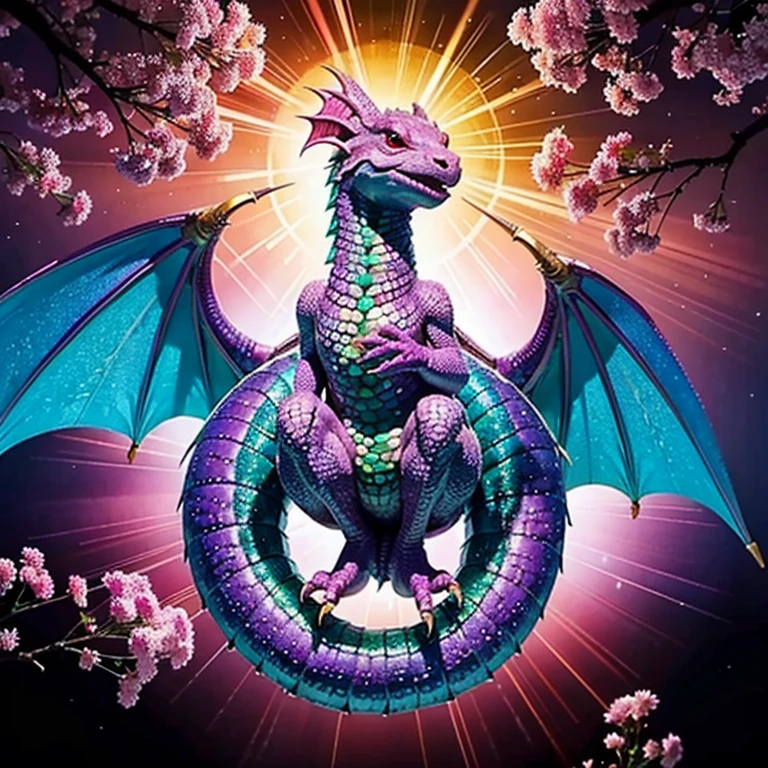 Masterpiece, top image quality, high resolution, solo, pink and purple, full body encased in shimmering crystals, smiling little dragon perched on a branch, rainbow colors reflecting off its scales, happily displays its pearly whites.