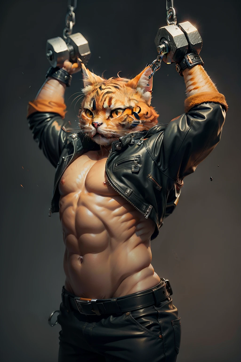 Little orange cat,Round face,wearing leather jacket,Lifting dumbbells