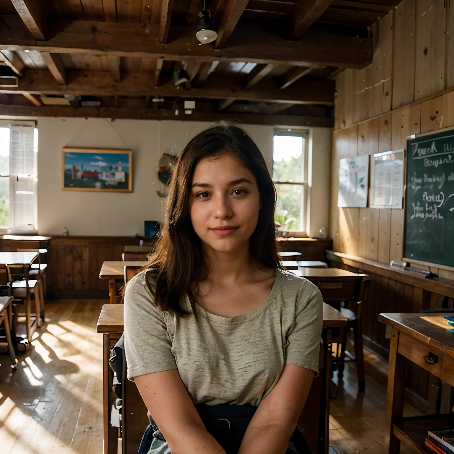 Lily Jamison stands at the front of a modest, one-room schoolhouse, surrounded by her students who are eagerly engaged in their studies. The room is filled with warmth and light as sunlight streams through the windows, casting a soft glow over the scene. 

The schoolhouse is made of rustic wood, which adds a charming and nostalgic touch to the setting. The walls are adorned with educational posters and colorful artwork, showcasing the students' creativity. The desks and chairs are well-worn yet sturdy, reflecting the passage of time and generations of eager learners.

Lily, a dedicated and compassionate teacher, is dressed in professional attire, exuding warmth and kindness. Her eyes radiate wisdom and patience, while her lips curve into a gentle smile. She has an air of authority and approachability that instantly puts her students at ease.

The students, ranging from different ages and backgrounds, are seated attentively, their eyes fixed on Lily as she passionately imparts knowledge. Some students raise their hands, eager to participate in the discussion, while others take diligent notes. Each student has a distinct personality and expression, reflecting their individual journey of learning and growth.

The sunlight that fills the room creates beautiful patterns on the wooden floor, adding depth and texture to the scene. Dust particles float gently in the air, visible only when illuminated by the sun's rays. The warm color palette, consisting of earthy tones and soft pastels, creates a serene and inviting atmosphere.

The lighting in the room is soft and evenly distributed, accentuating the students' faces and highlighting their expressions. It enhances the overall mood of the painting, evoking a sense of comfort, joy, and curiosity.

This artwork embraces the essence of education, capturing the special bond between a teacher and her students. It celebrates the pursuit of knowledge, the joy of learning, and the transformative power of education. The prompt encompasses the best qualities of a high-quality artwork, with its attention to detail, realistic portrayal, and evocative storytelling.