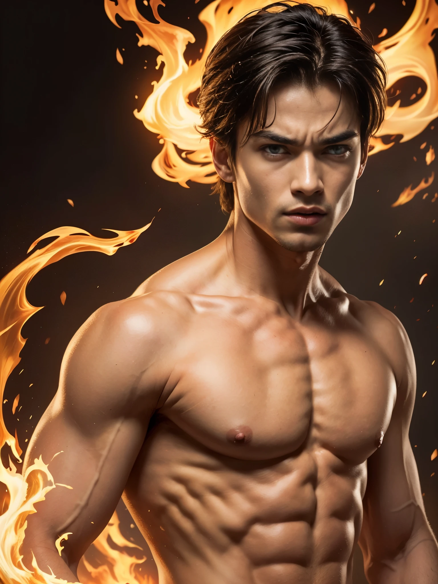 Photorealistic, masculine handsome male model, masculine Asian mix guy, mixed race, (angry:1.3), (young, ************:1.5), ((best quality)), ((masterpiece)), (detailed), (barechested:1.4). Portrait of young Prince Zuko from "Avatar: The Last Airbender". portrait him with a strong square jawline, gaunt cheeks, and skinny face, shirtless, with attention to detail on his red burn scar on his eye, (yellow pupil eyes:1.4), (messy dark hair), he is a pyromancer, fire bender.
