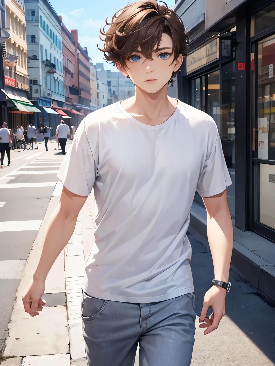 1boy,guy,blue eyes,Walking in the city, during the day,half body photo,Curly hair,medium hair,undercut hairstyle,light brown hair,Plain t-shirt, white t-shirt,white trousers,ultra detail, perfect face, hd face, detailed face, masterpiece 