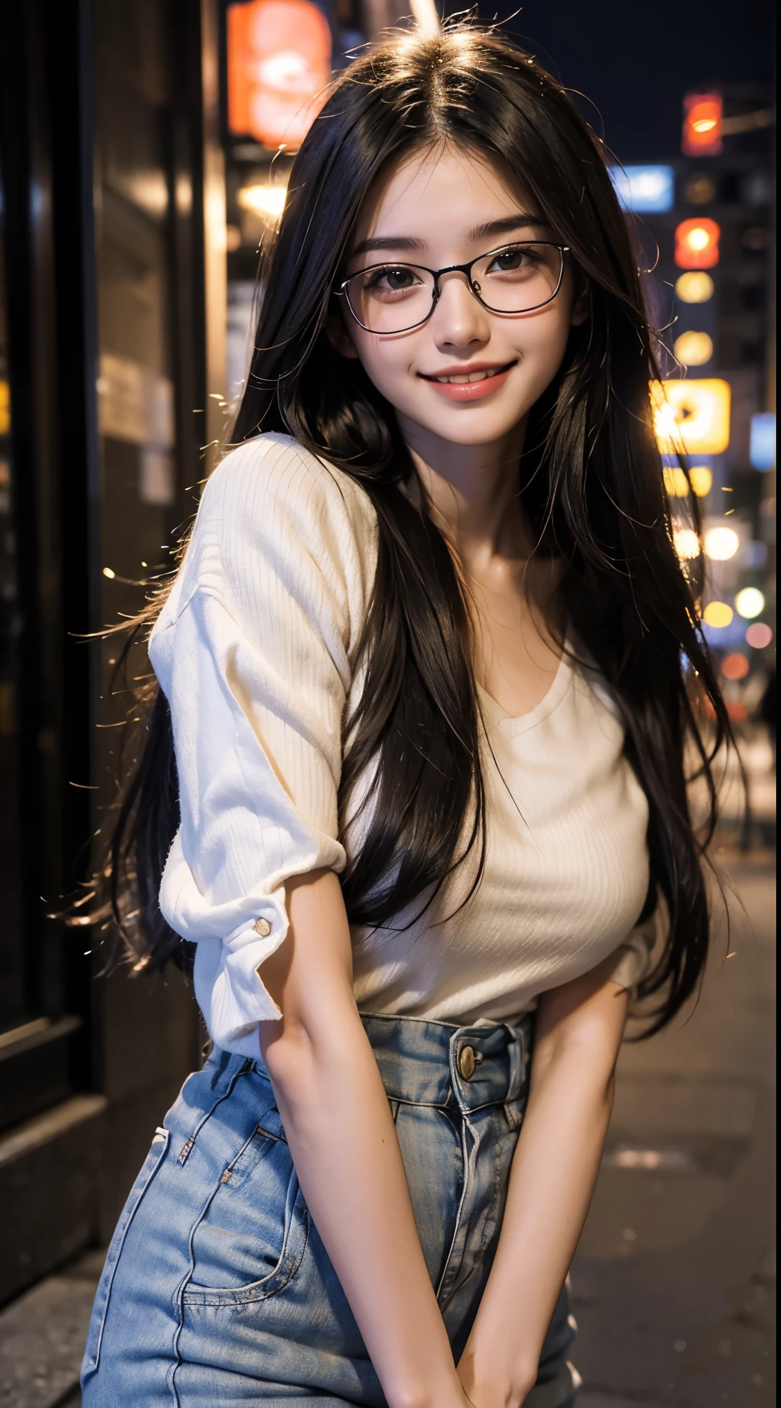 cute 22 year old,1 girl,Narrow face ,(front photo)、Face with dimples,tokyo street,night, cityscape,city lightiddle breast:1.2)),((straight long hair))close, 8k, RAW photo, highest quality, masterpiece,realistic, photo-realistic,smiling showing white teeth,black rim glasses,