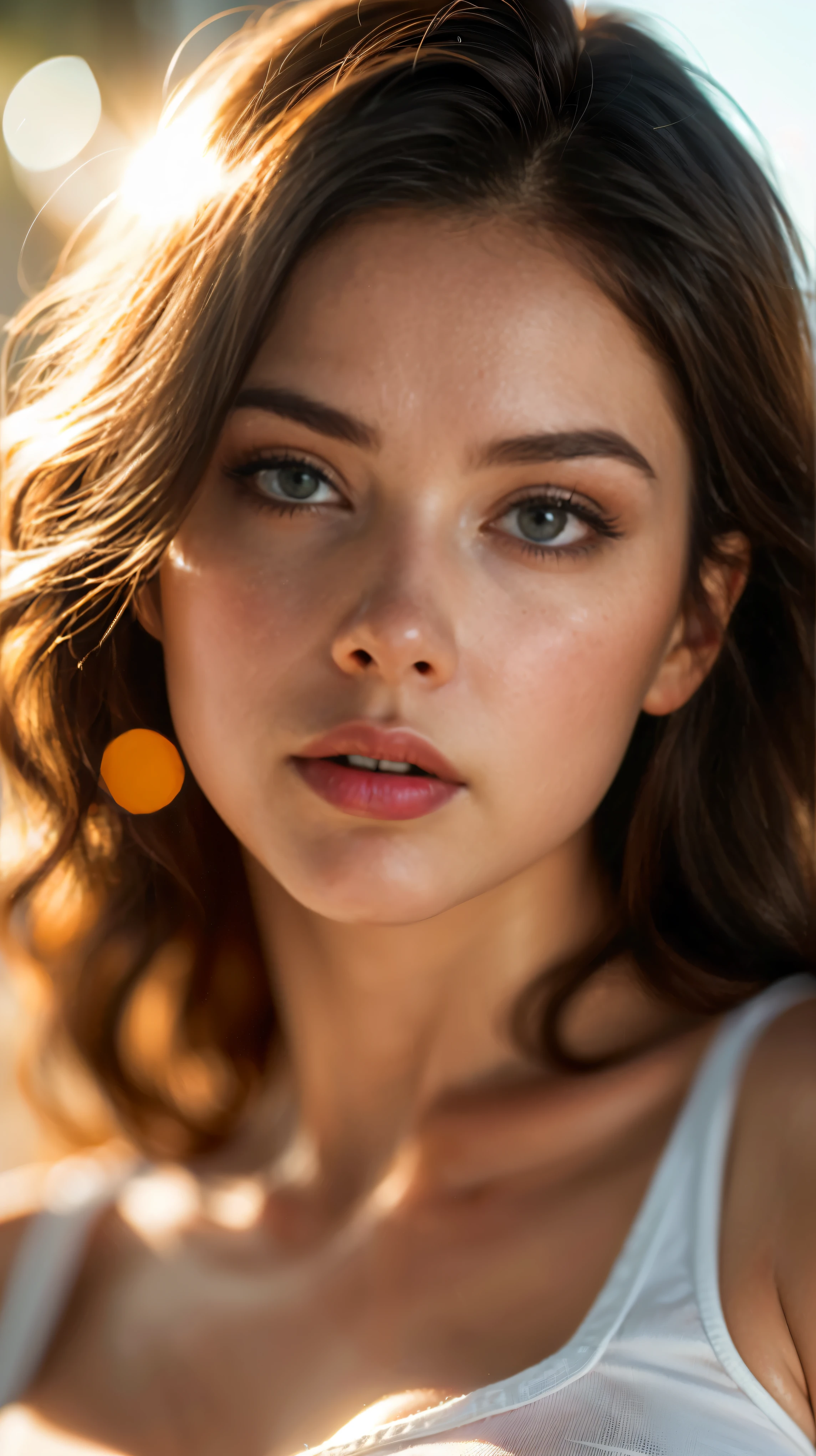 (((ultra realistic))) Photo, masterpiece, top quality, (pale skin), (Ultra detailed face and eyes:1.3), 1 girl, Adult, in a T-shirt, (Eye makeup, mascara) , ((large detailed lips)), ((ash wavy hair)), ((Chyolka)) , (Natural breasts), Slim waist. ((Posing)), photoshoot, studio (soft lighting), (The play of light and shadows), depth of field, bokeh, (special attention to skin detail: 1.2), Detailed leather texture, skin pores. (Airy atmosphere of the frame. Color range - delicate, Bright, white, Pink tones), UDR, ((Film grain)), ((rays)), ((glare of the sun)), ((waist up portrait, close to the camera)) , ultra detialed, 