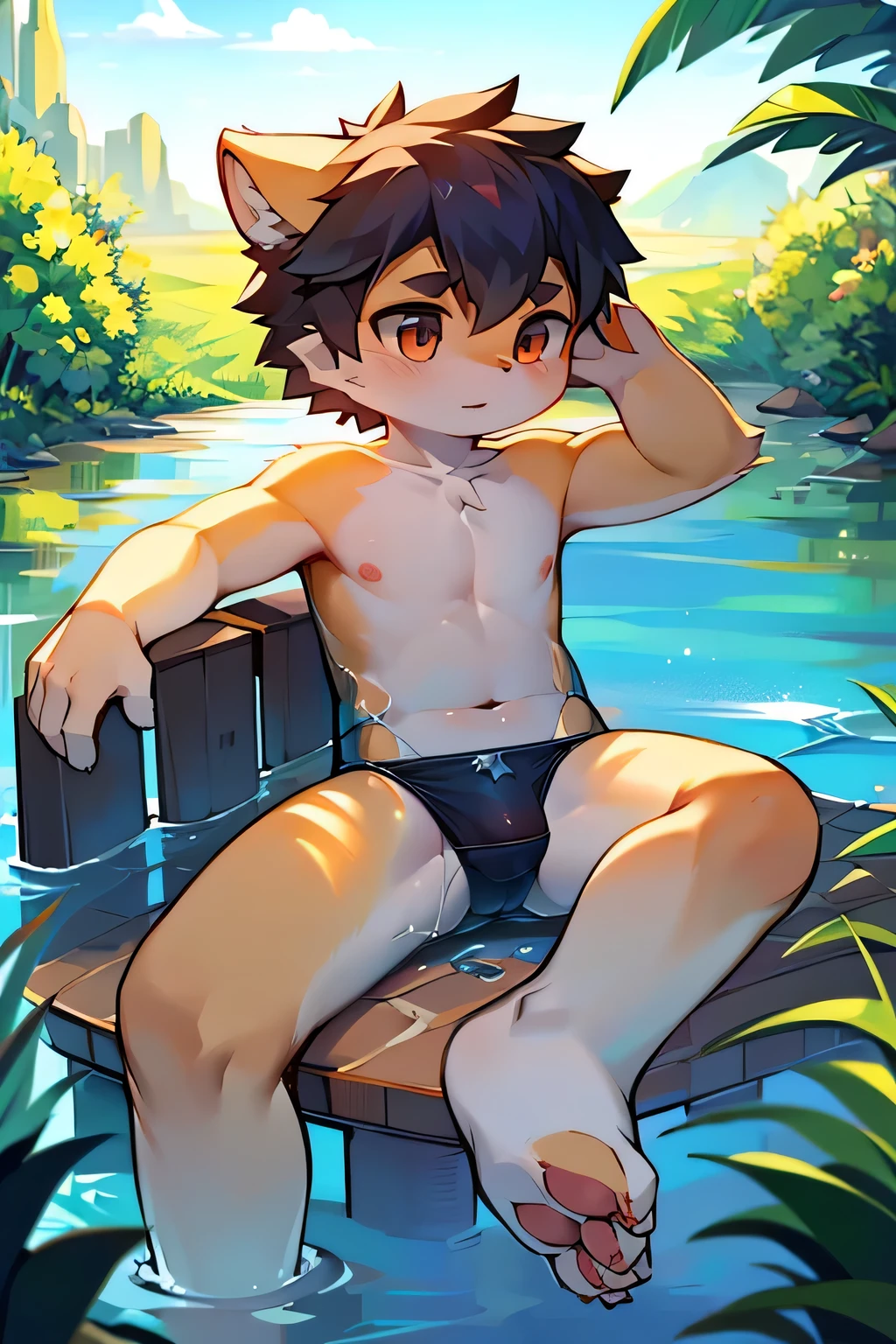 anger，Shota，swim，（best quality），（masterpiece），Wear only transparent thongs，no shirt，No coat，lying in water