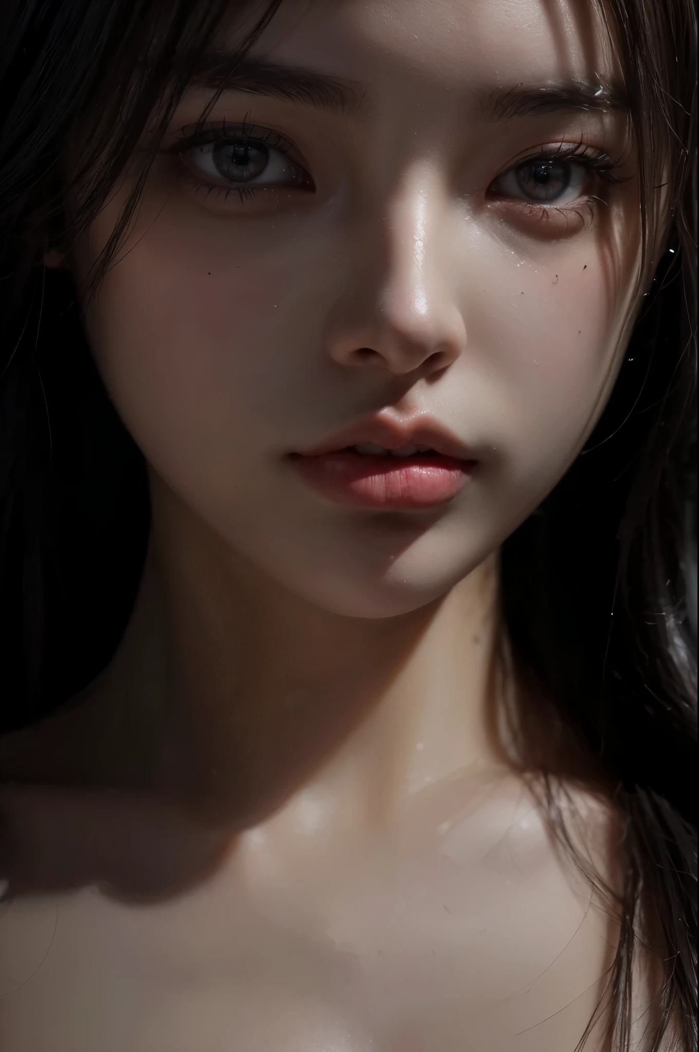 (NSFW), ((full naked:1.5)), (detailed Vagina), (8k, RAW photo, best quality, masterpiece: 1.2), (realistic, photorealistic: 1.37), 1 beautiful Japanese girl, 20 years old, solo, (Idol face:1.2), (beautiful detailed eyes:1.2), (symmetrical eyes:1.35), half open mouth, Realistic human skin, perfect anatomy, voluptuous, curvy body, (perfect medium breasts), big ass, big thick thighs, long full-wavy hair, (looking at viewer:1.2), front view, face focus, (depth_of_field:1.5), natural light, photon mapping, moody lighting, Cinematic Lighting, lens flare, available light, rim light, studio lighting, (hands behind back), beautiful cozy bedroom with floor to ceiling glass windows overlooking a cyberpunk city at night, thunderstorm outside with torrential rain, dark, gloomy, moody aesthetic, (Close Up:1.6),