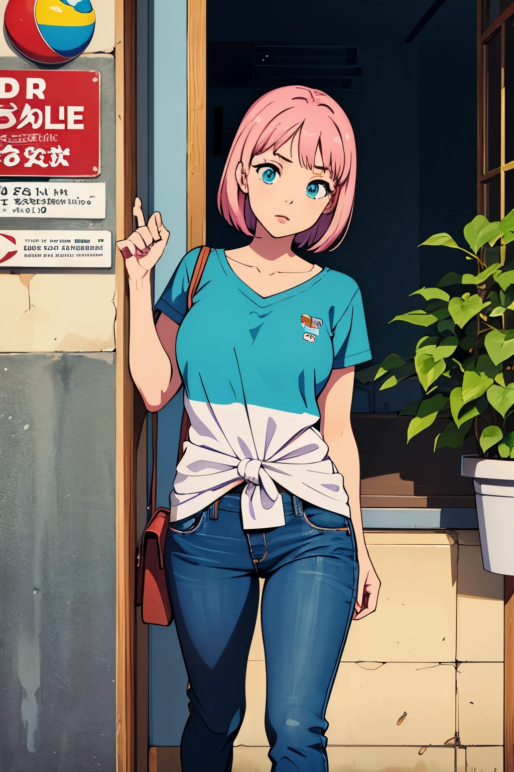 imagem 3d inspirada poster pixar , menininha com 2 anos, cabelos curtos, 81cm de altura, pink bow on head, esta usando uma macacao jeans, White pouch on right arm, ao fundo uma parede de tijolos branca, ao lado uma parede com plantas verdes