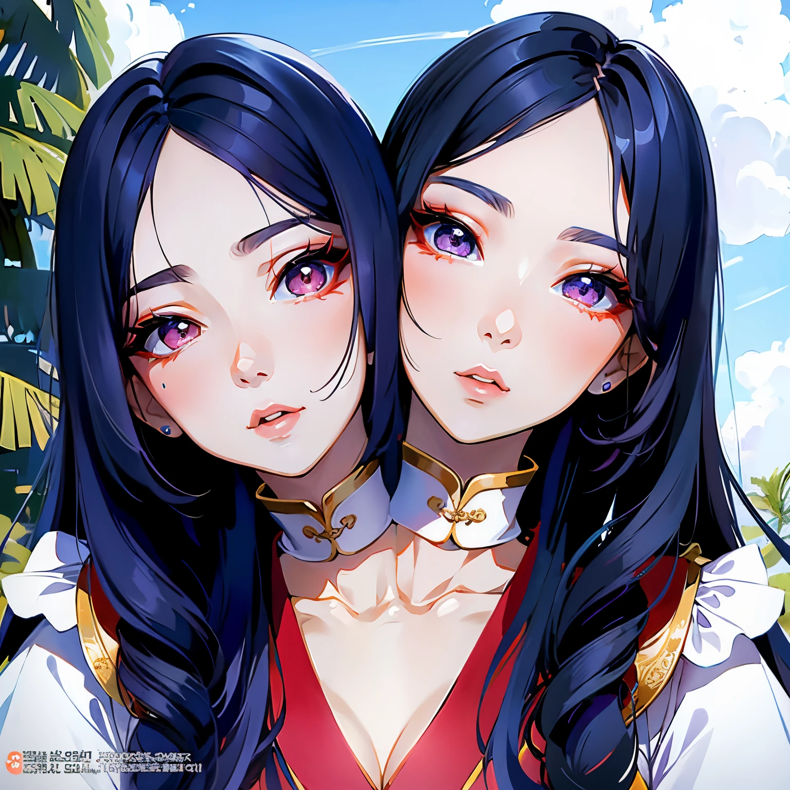  two asian women with long hair posing for a picture, beautiful gemini twins portrait, beautiful gemini twins, beautiful highly symmetric faces, korean symmetrical face, popular south korean makeup, popular korean makeup, asian features, beautiful sci - fi twins, two girls, siamese twins, with a twin, yanjun chengt, twins, two beautiful anime girls, korean face features