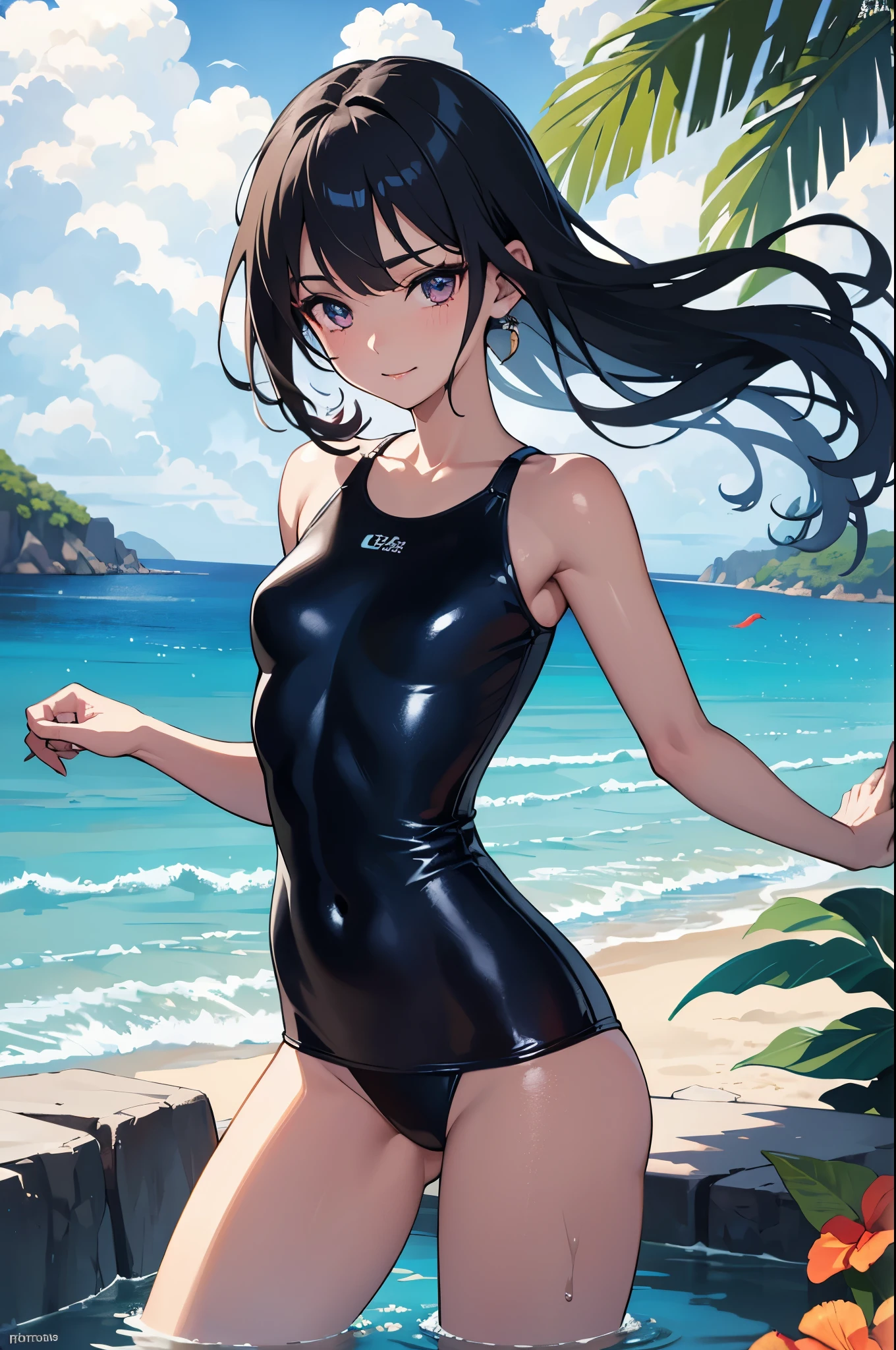 (masterpiece, best quality, 8k ultra high resolution:1.4), (Tropical, Beachside, Flowers: 1.4), depth of field, cinematic focus, from dramatic angle, emotional composition
BREAK
young kawaii girl, slender body, flat chest, provocative and smirk and love face expression, ultra detailed shiny skin, dark blue one-piece swimsuit, (wet and shiny detailed swimsuits: 1.2), wet and shiny thighs
BREAK
(realistic: 1.2), beautiful pony-tail hair, wind, detailed in the wind, petals dancing in the wind
BREAK
ultra detailed crystal eyes, bright red jewelry eyes