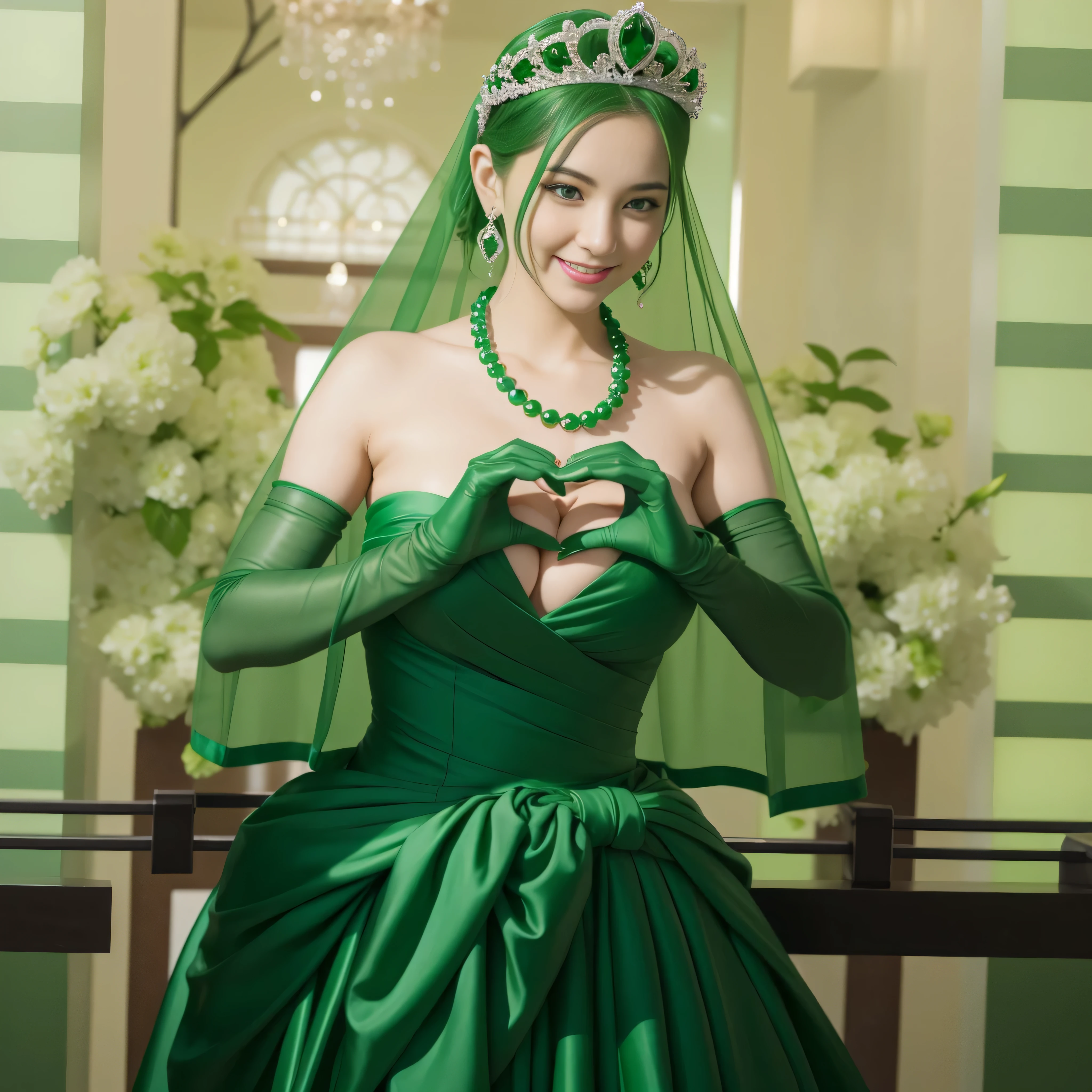 emerald tiara, Green Pearl Necklace, ボーイッシュな非常に短いgreen hair, green lips, smiling Japanese woman, very short hair,  Beautiful woman with big breasts, green eyes, green satin long gloves, green eyes, emerald earrings, Green veil, Heart with both hands, green hair, beautiful japanese woman, heart shaped hands:1.3, green lip gloss