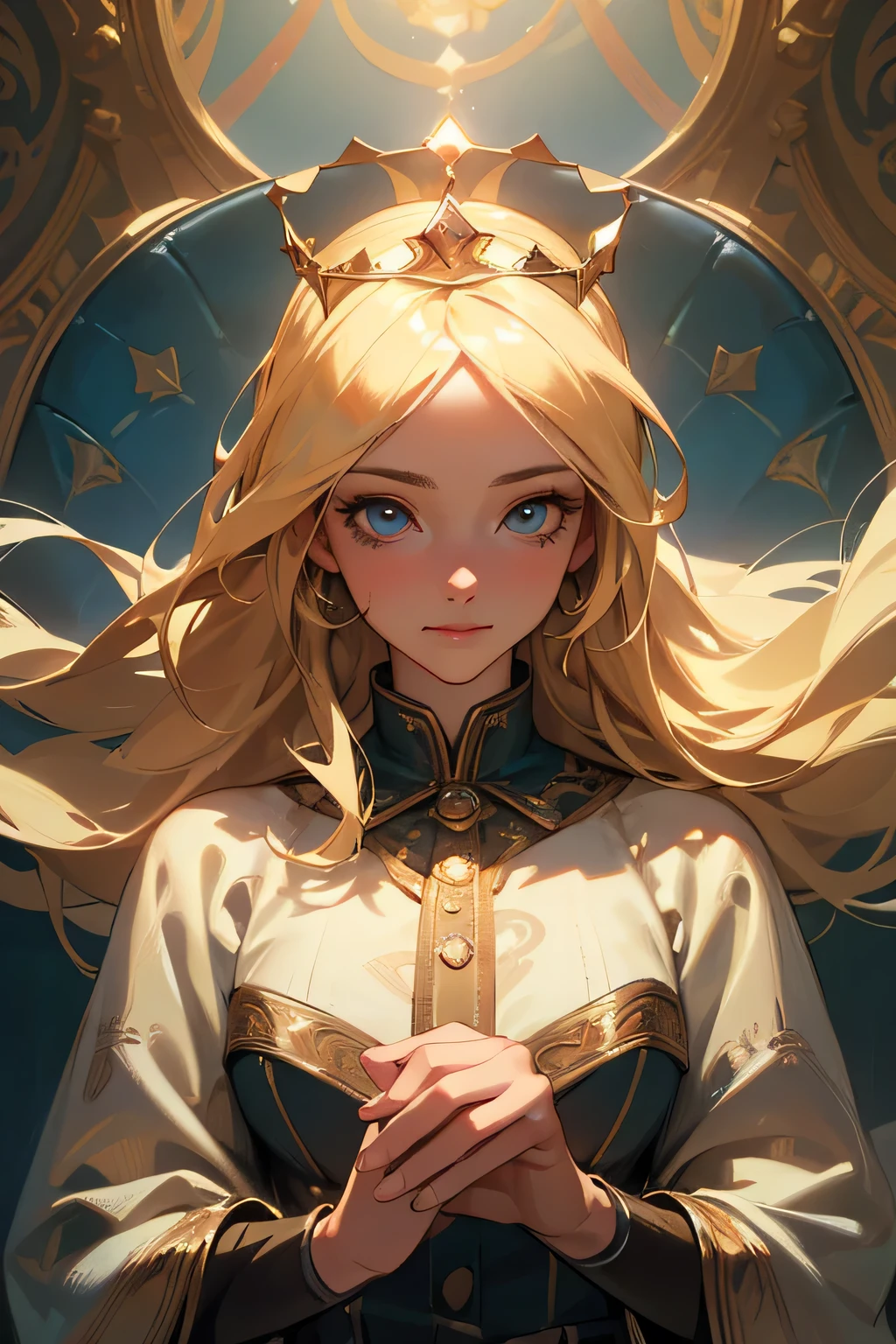 masterpiece, highest quality, super detailed, High resolution, (realistic, photo-realistic:1.37), excellent anatomy, 1 beautiful woman, (8k, RAW photo), looking at the viewer, smile, (wear a crown on one's head), Queen, fine and beautiful eyes, blonde hair, (floating hair), (shiny blue eyes), fine clothes, ((Luxury decorated interior background)), skin texture, cinematic lighting, professional lighting, ((cowboy shot:1.1)), best light, best shadow, Mysterious, perfect face, very detailed,