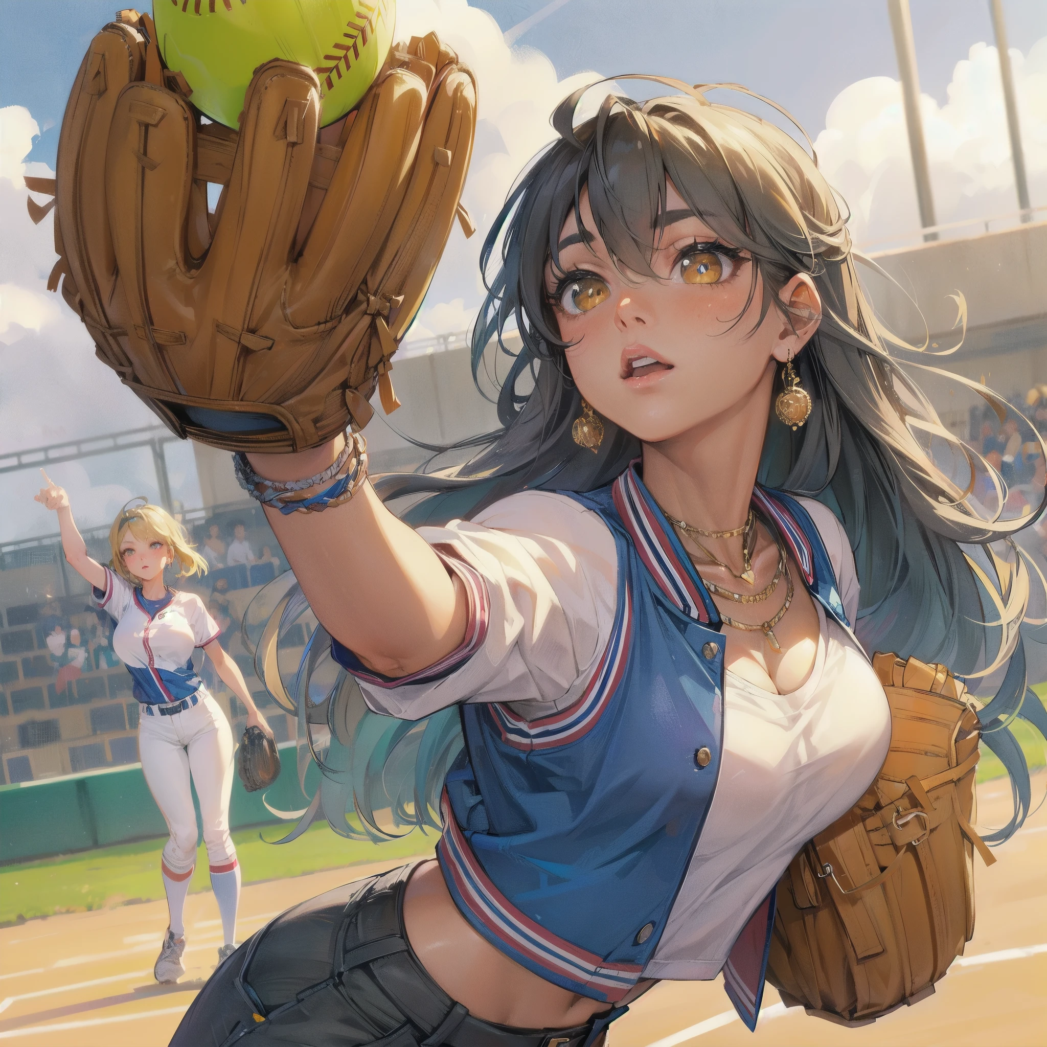 high quality,HD,16k,sharp lines,1 girl,Female softball athlete ,cute face, large breasts, nice legs,At the softball venue,focus girl,detailed beautiful face,detailed clothes,beautiful eyes,cool,dynamic angle