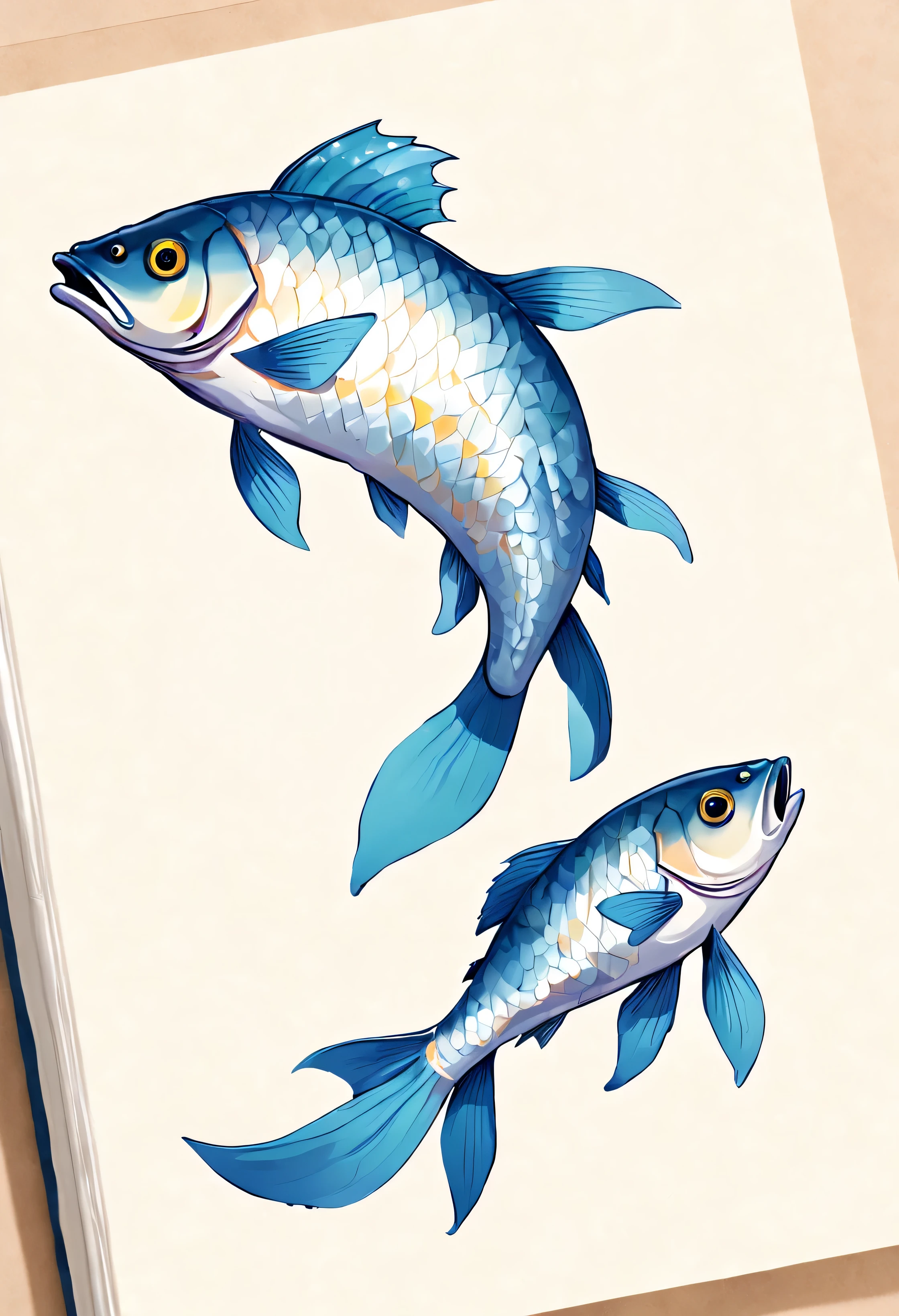 Fish character design for picture books, right, simple form, simple design, mullet, mullet, freshwater fish