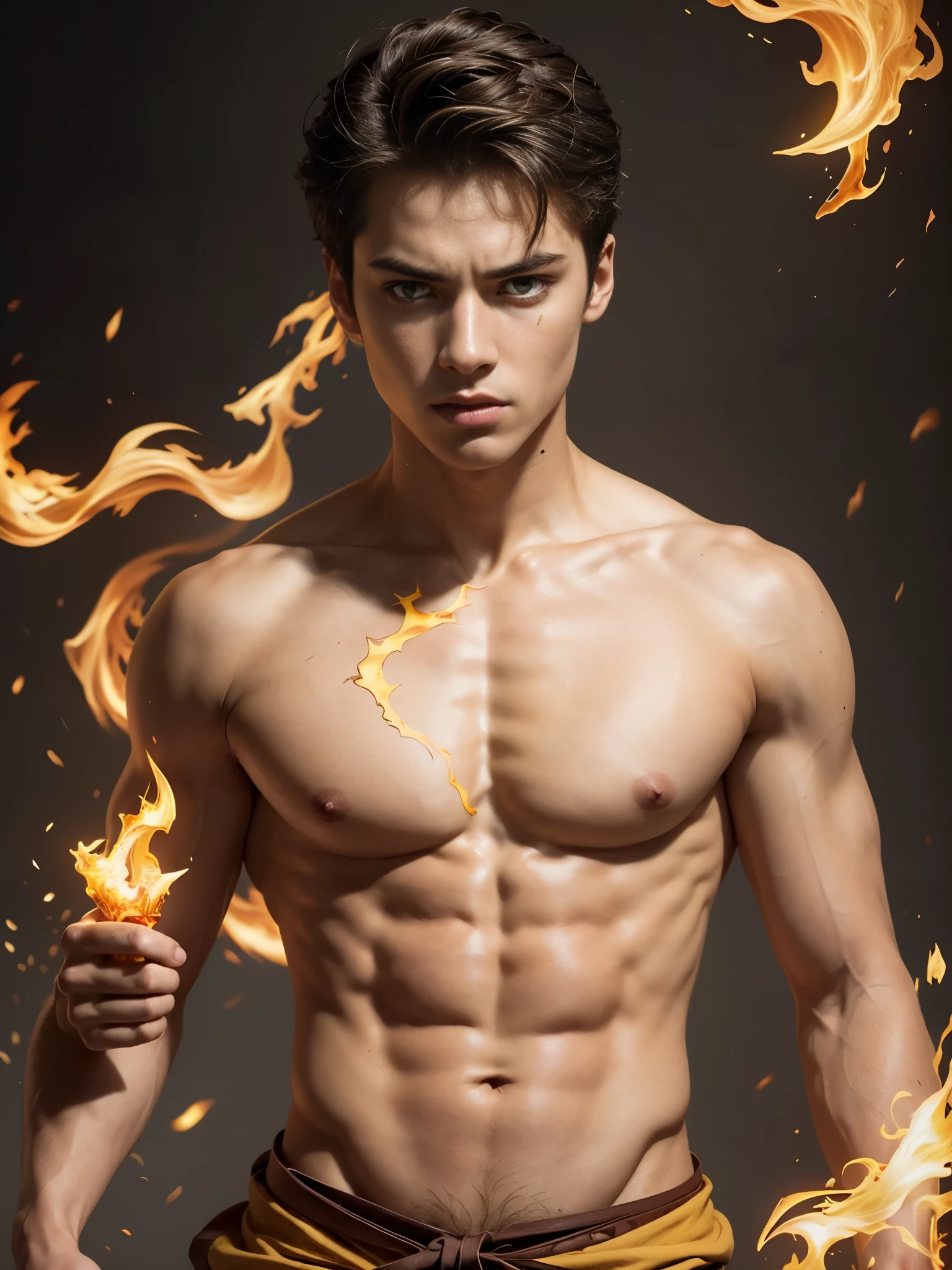 Photorealistic, masculine handsome male model, masculine Asian mix guy, mixed race, (angry:1.3), (young, :1.5), ((best quality)), ((masterpiece)), (detailed), (barechested:1.4). Portrait of young Prince Zuko from "Avatar: The Last Airbender". portrait him with a strong square jawline, gaunt cheeks, and skinny face, shirtless, with attention to detail on his red burn scar on his eye, (yellow pupil eyes:1.4), (messy dark hair), he is a pyromancer, fire bender.
