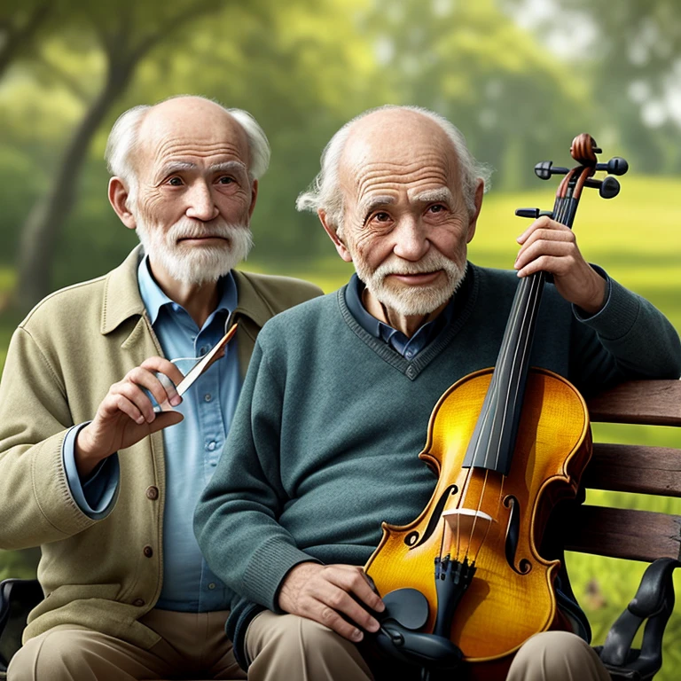An old man, with wrinkled skin and expressive eyes, sits on a weathered wooden bench in a serene park. Three elements of tranquility surround him: a loyal dog lying at his feet, a violin case beside him, and a small bird perched on the handle. The sun casts a warm light, creating an intricately detailed halo around the old man's head. The scene is captured in high definition, with hyper-realistic textures that bring the image to life. The violin, with its intricate engravings, appears as if it could be played at any moment, while the bird sings a joyful melody, adding to the peaceful ambiance. The old