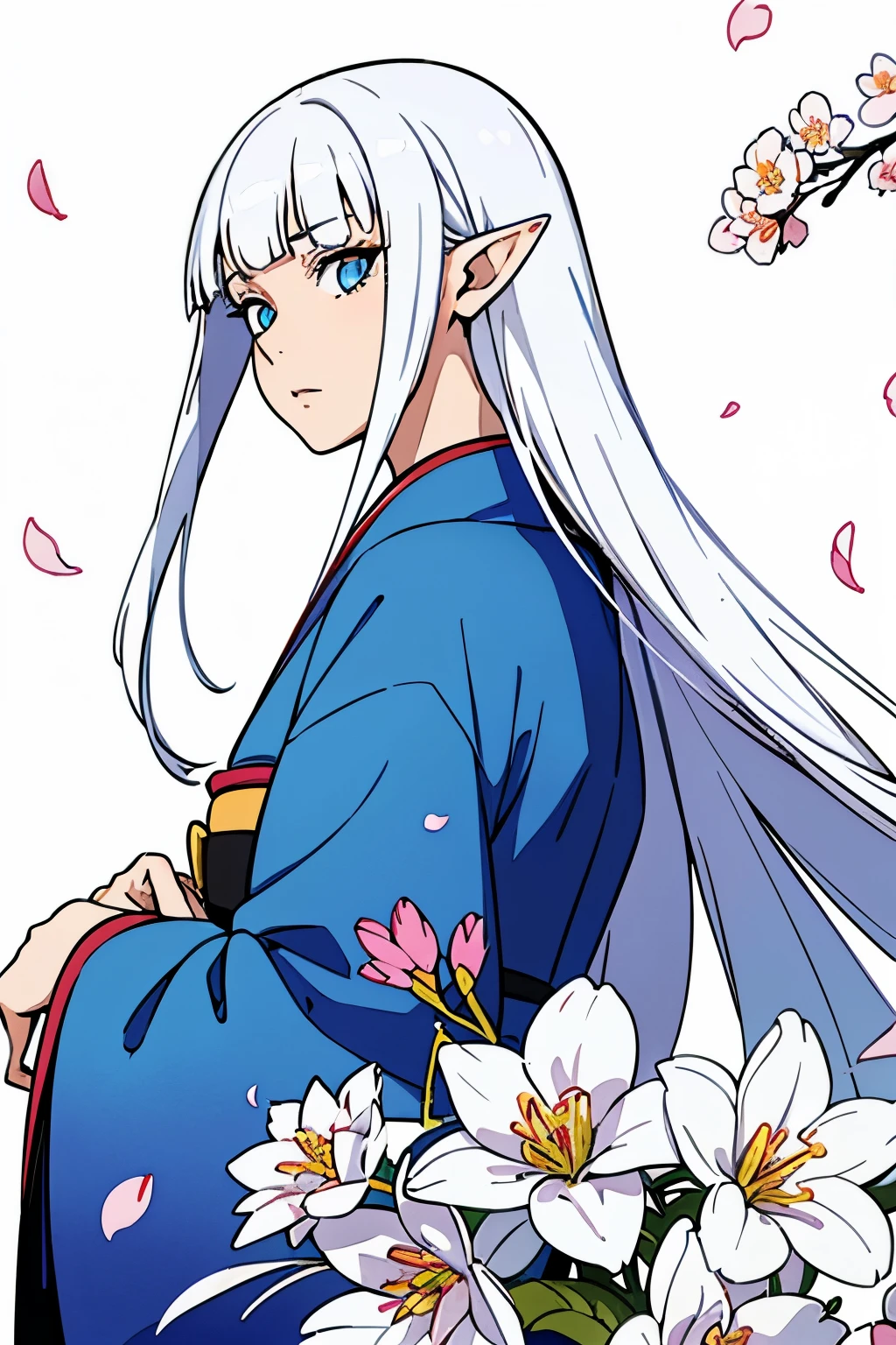 perfect image, best quality, watercolor, 1girl, kimono, flowers and petals, beautiful concept illustration, (white background:1.1), (open hair, long hair, straight hair, white hair, hime cut, blunt bangs, azure eyes, pointy ears:1.1),