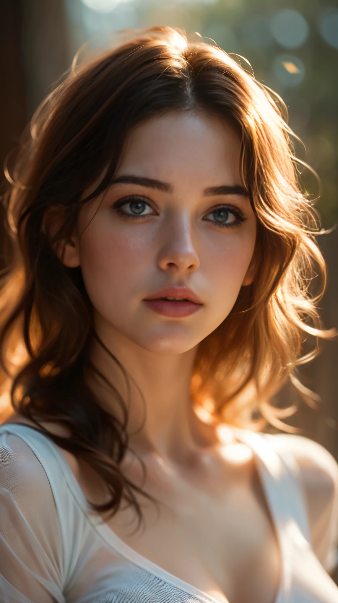 (((ultra realistic))) Photo, masterpiece, top quality, (pale skin), (Ultra detailed face and eyes:1.3), 1 girl, Adult, in a T-shirt, (Eye makeup, mascara) , ((large detailed lips)), ((ash wavy hair)), ((Chyolka)) , (Natural breasts), Slim waist. ((Posing)), photoshoot, studio (soft lighting), (The play of light and shadows), depth of field, bokeh, (special attention to skin detail: 1.2), Detailed leather texture, skin pores. (Airy atmosphere of the frame. Color range - delicate, Bright, white, Pink tones), UDR, ((Film grain)), ((rays)), ((glare of the sun)), ((waist up portrait, close to the camera)) , ultra detialed, 