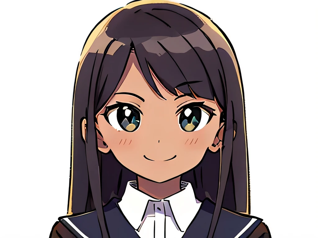 Perfect anime illustration, of a woman having brown skin, big eyes, having long straight hair,, wearing school uniform, half body portrait, smiling
