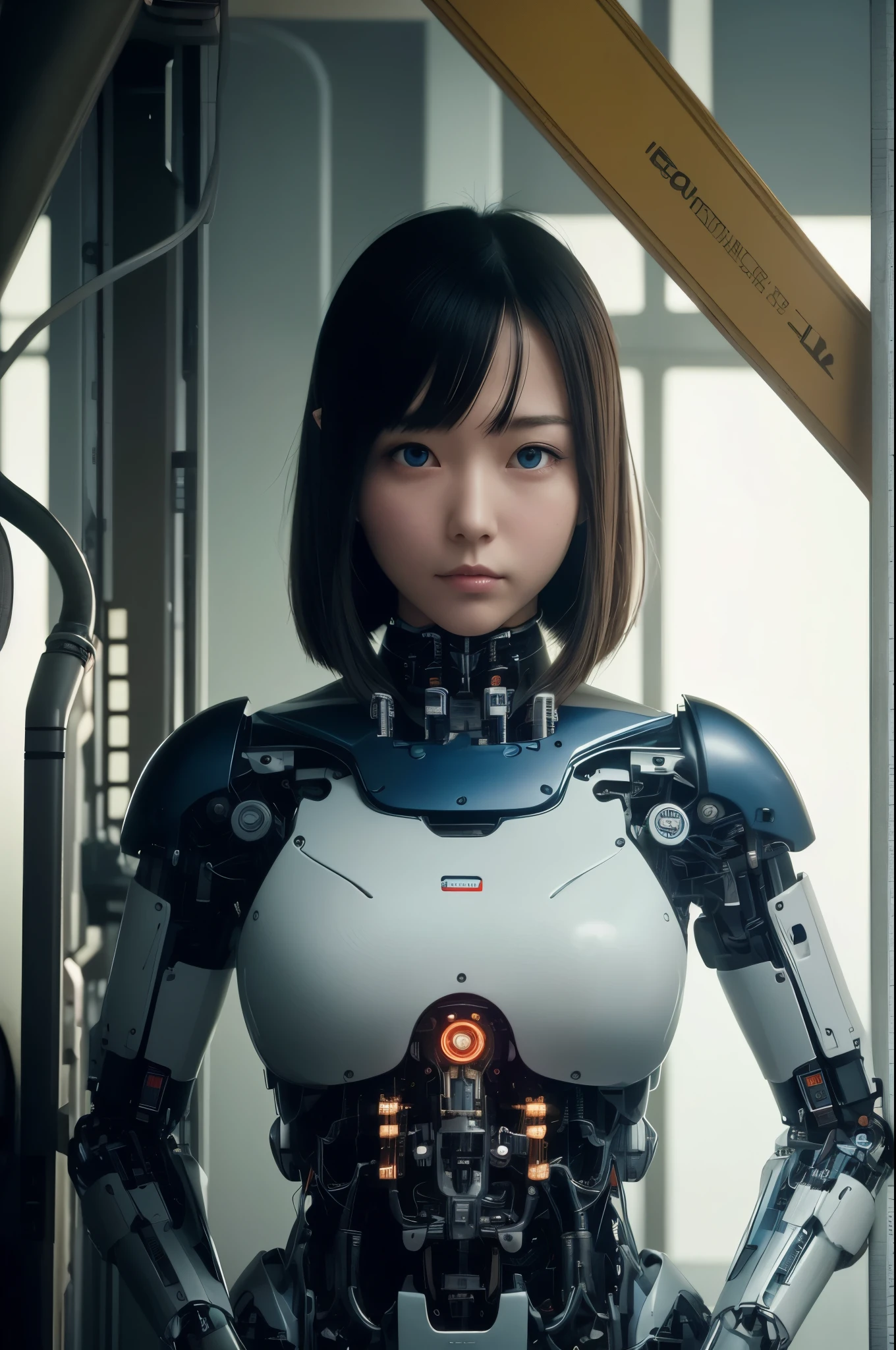 masterpiece, best quality, extremely detailed, Japaese android girl,Plump ,control panels,android,Droid,Mechanical Hand, Robot arms and legs,Blunt bangs,perfect robot girl,long tube,thick cable connected her neck,android,robot,humanoid,cyborg,japanese cyborg girl ,robot-assembly plant,She has assembled now,assembly scene,chest monitor,blue eyes