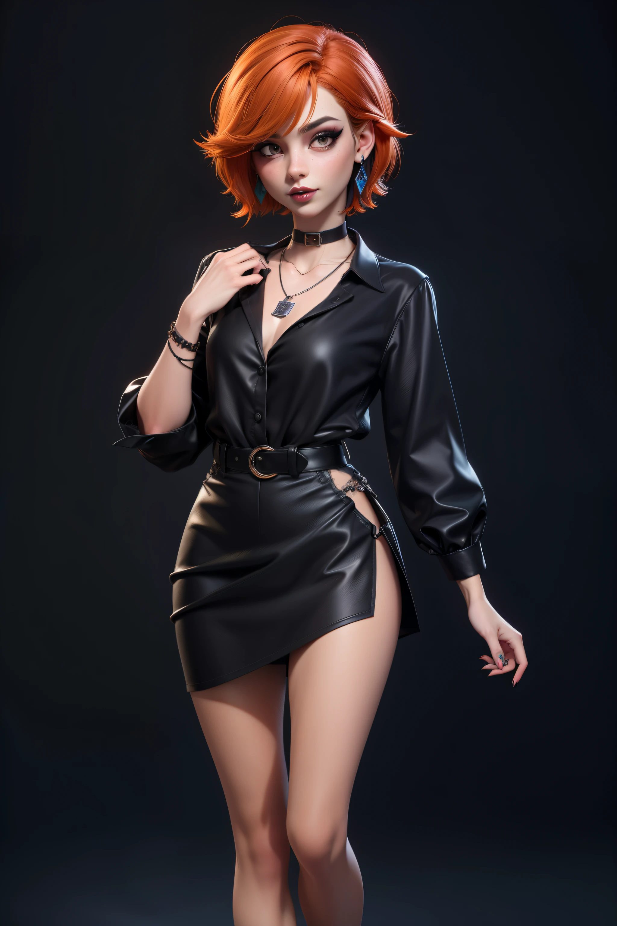 Obra maestra, Mejor calidad,trabajo de renderizado 3d ,estilo 3DMM, professional photography, 3D,1 chica, solo, pelo multicolor, pelo naranja, pelo negro, Collar, pecas, joyas, pelo de dos tonos, mirando hacia el lado, realista, cuerpo completo, fondo sencillo, golpes, mirando hacia otro lado, cabello corto, parted labios, ojos negros, labios, Gothic, gargantilla, constituir, mole, black camisa, camisa, filigrana, mirada lujuriosa,