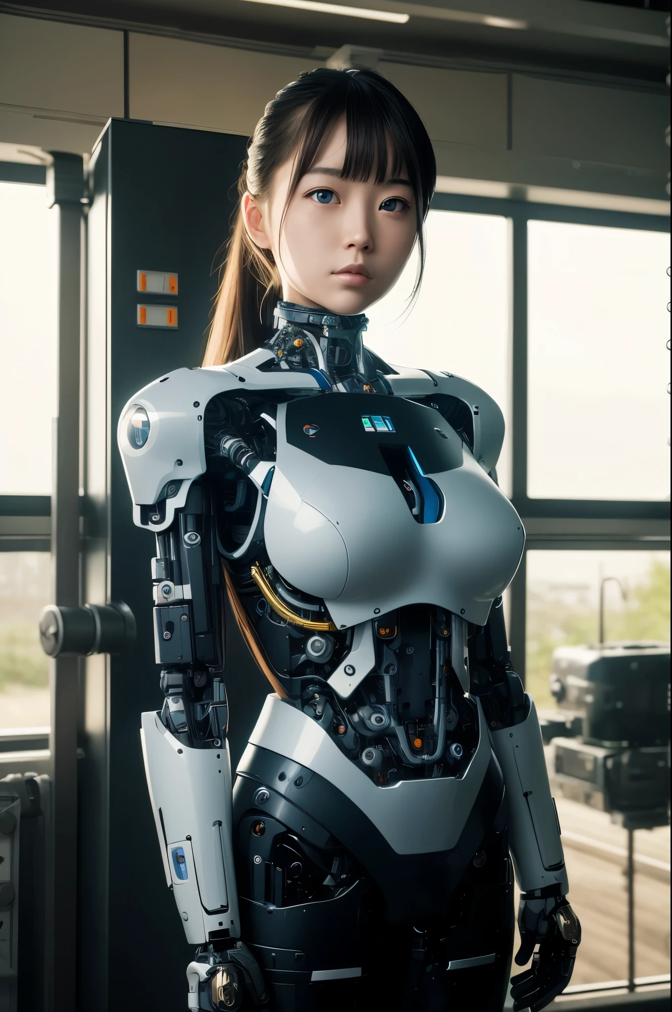 masterpiece, best quality, extremely detailed, Japaese android girl,Plump ,control panels,android,Droid,Mechanical Hand, Robot arms and legs,Blunt bangs,perfect robot girl,long tube,thick cable connected her neck,android,robot,humanoid,cyborg,japanese cyborg girl ,robot-assembly plant,She has assembled now,assembly scene,chest monitor,blue eyes