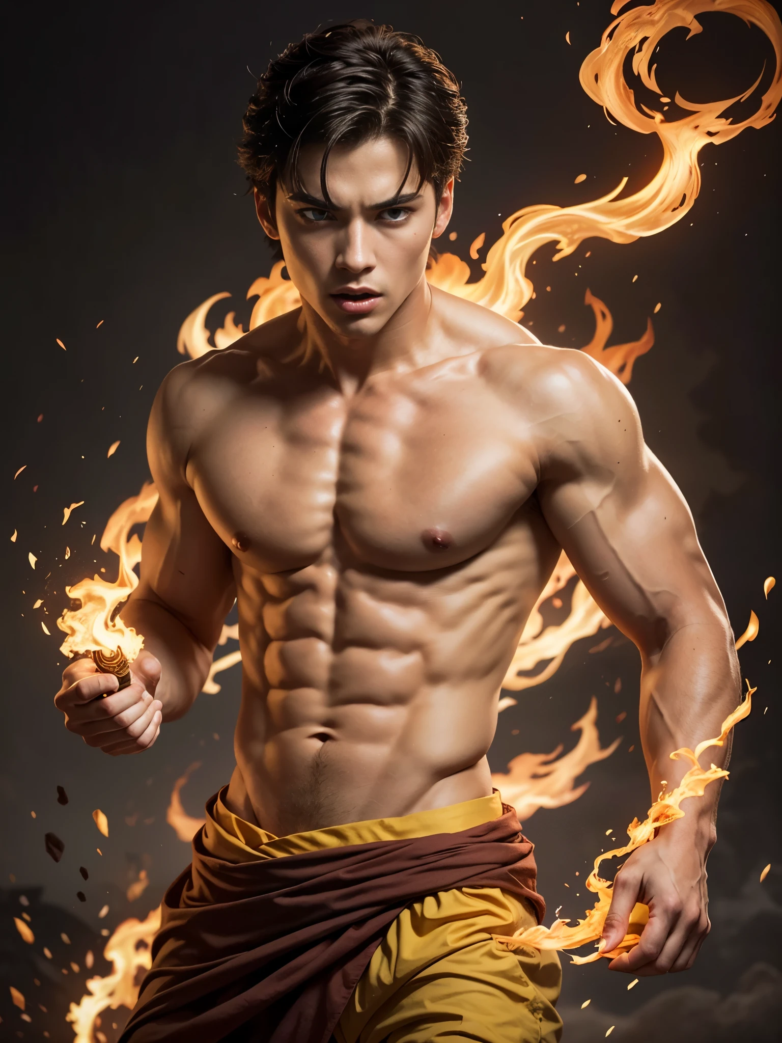 Photorealistic, masculine handsome male model, masculine Asian mix guy, mixed race, (angry:1.3), (young, 16 years old:1.5), ((best quality)), ((masterpiece)), (detailed), (barechested:1.4). Portrait of young Prince Zuko from "Avatar: The Last Airbender". portrait him with a strong square jawline, gaunt cheeks, and skinny face, shirtless, with attention to detail on his red burn scar on his eye, (yellow pupil eyes:1.4), (messy dark hair), he is a pyromancer, fire bender.
