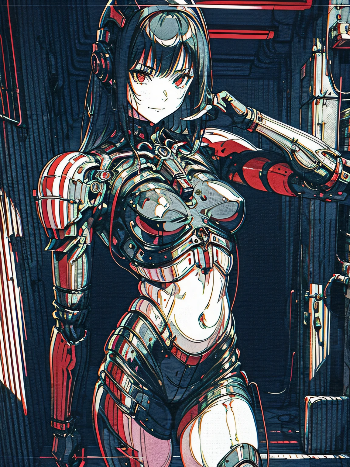 monochrome, greyscale, blood, cable, science fiction, cyberpunk, chromatic aberration, outdoors, detailed background, night, 1girl, beautiful, solo, bare shoulders, Seductive, nude, smiling, sexy, red light