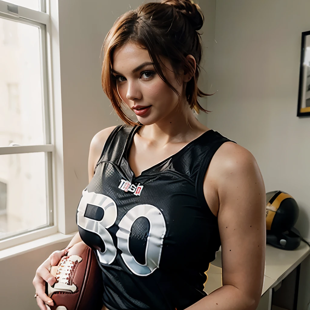 Amateur photo of a gorgeous woman teasing, looking at viewer, holding a football, ((tongue out)) , sexy, plump, perfect body, (oversized american football jersey), (((steelers jersey))), girl next door, white skin, subtle smile, lips apart, red lipstick, black eyeliner, face ( (taylorswift) | gemma chan | chubby drew barrymore | kirsten dunst ) , auburn, light brown hair, red hair, short hair, (hair attached) , hair bun, (hair fringe) , ((big natural breasts)) , ((long saggy breasts)) , amateur photo, iPhone X,