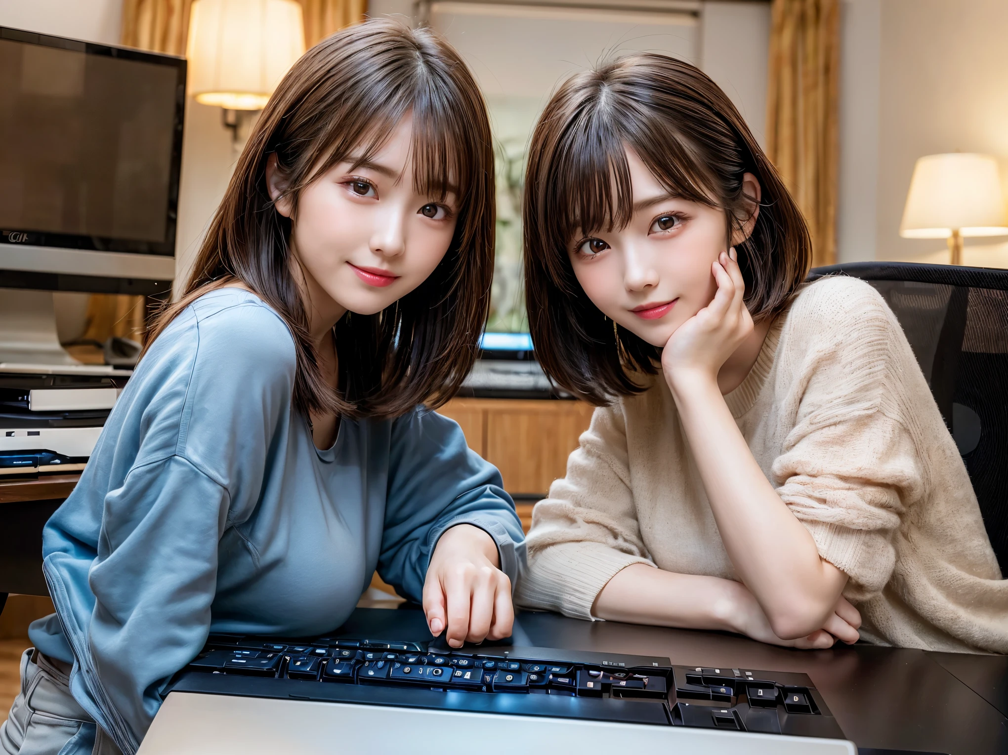 ((masterpiece)), ((highest quality)), (Super detailed), ((very detailed)), 4k, (8k), highest quality, (beautiful), shape, anime style, hyper genuineistic, genuine, dynamic angle, (((close))), thick outline, clear outline, (two girls, two cute girls:1.5), (casual wear:1.3), beautiful light brown hair, beautiful brown eyes, ((beautiful eyes)), (super cute face:1.3), short hair, big breasts, light smile, (room, computer, monitor:1.5)