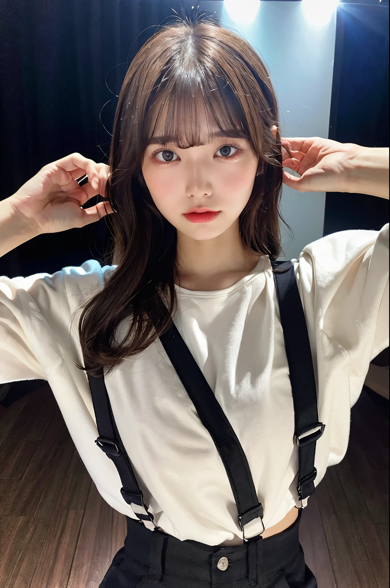 Masterpiece, 4K, flat color, depth of field, lens flare 1 girl, brown hair, looking at the audience, interior, black suspenders, large and ample chest, armpit sweat, sweating,  black pants, hoodie, gaze, small face, bangs.