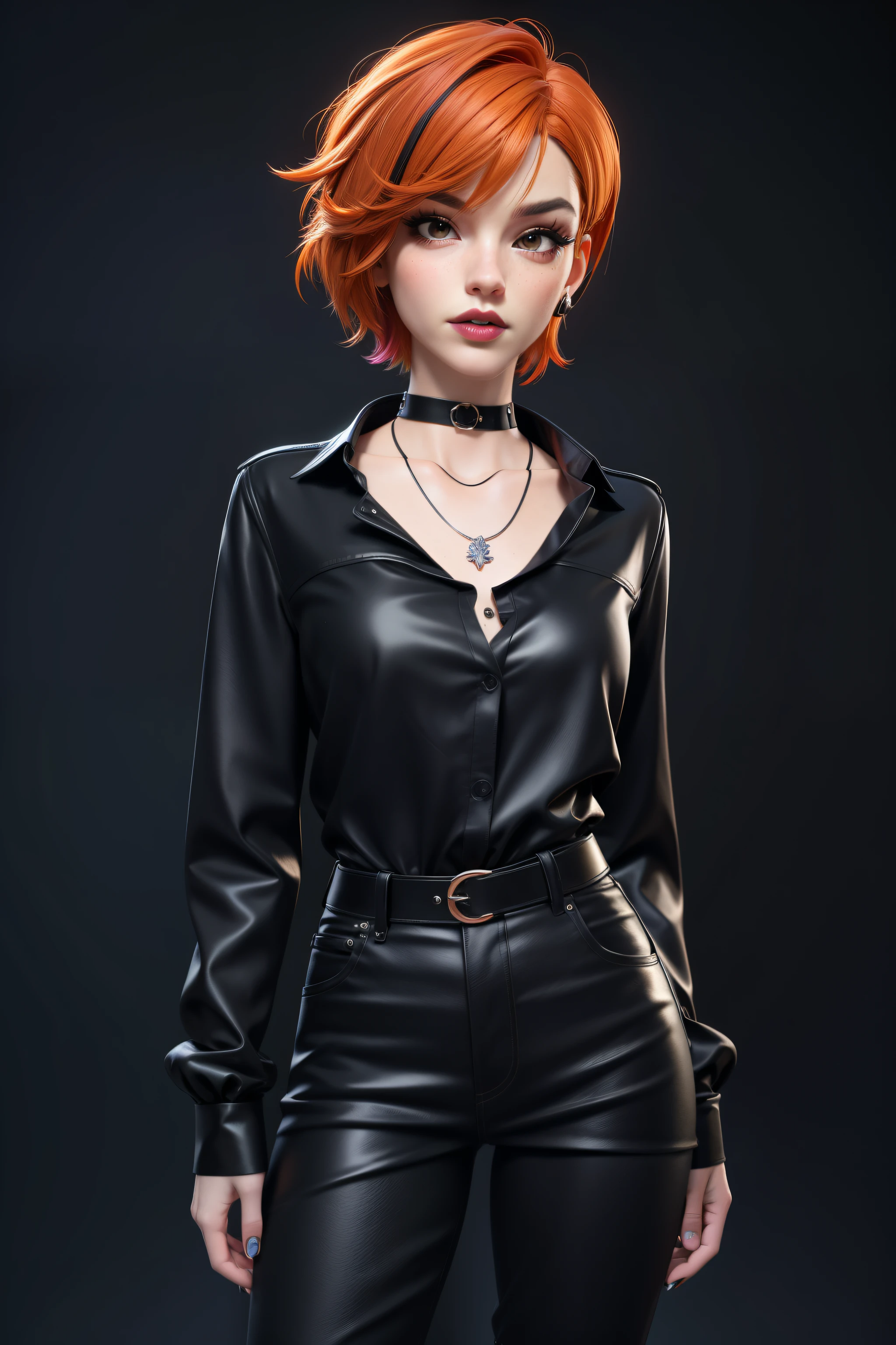 Obra maestra, Mejor calidad,trabajo de renderizado 3d ,estilo 3DMM, professional photography, 3D,1 chica, solo, pelo multicolor, pelo naranja, pelo negro, Collar, pecas, joyas, pelo de dos tonos, mirando hacia el lado, mirada lujuriosa, realista, cuerpo completo, fondo sencillo, golpes, mirando hacia otro lado, cabello corto, parted labios, ojos negros, labios, Gothic, gargantilla, constituir, mole, black camisa, camisa, filigrana, vestido de moda, publicar punk, Ola oscura