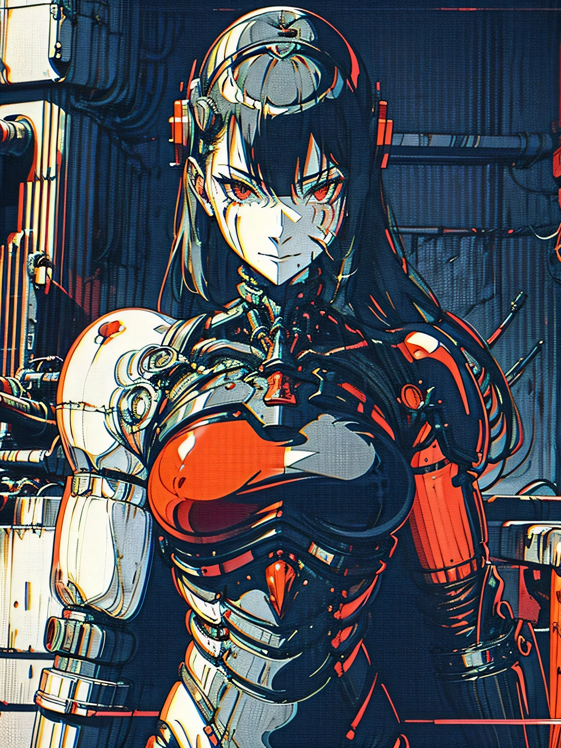 monochrome, greyscale, blood, cable, science fiction, cyberpunk, chromatic aberration, outdoors, detailed background, night, 1girl, beautiful, solo, bare shoulders, Seductive, nude, smiling, sexy,  red light