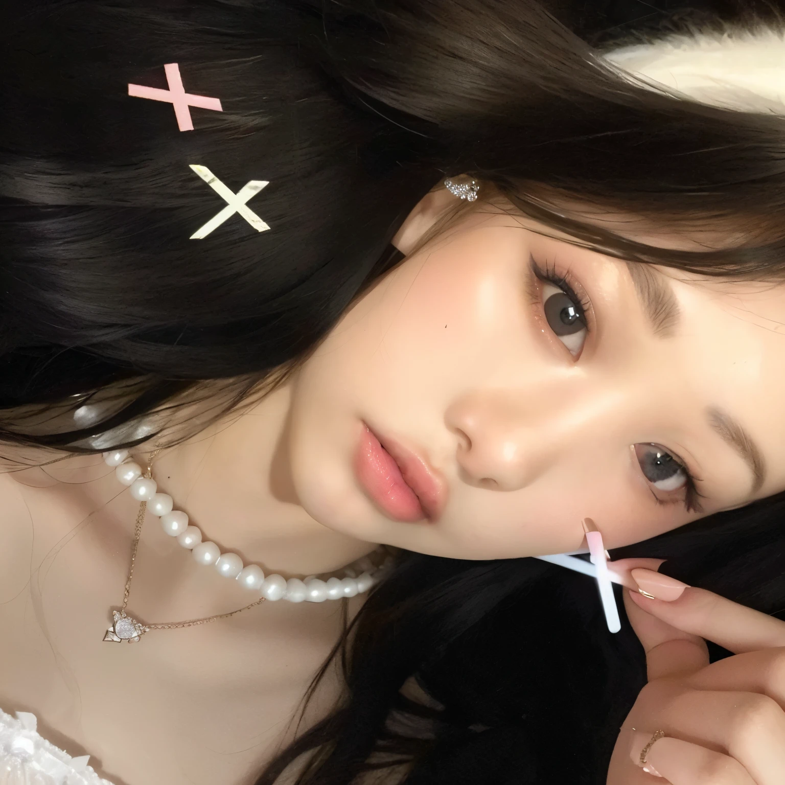 there is a woman with a necklace, ulzzang, piercing clear eyes, blackpink jennie, cruel korean goth girl, pale fair skin!!, pale porcelain white skin, with very thin lips, popular south korean makeup, pale thin lips, korean girl, clear lips and high quality, beautiful aesthetic face, with long hair and piercing eyes, Jennie of blackpink, Jennie Kim, faceswap with kim Jennie from blackpink, 4k quality, no deformation, thick plump juicy lips, coquette