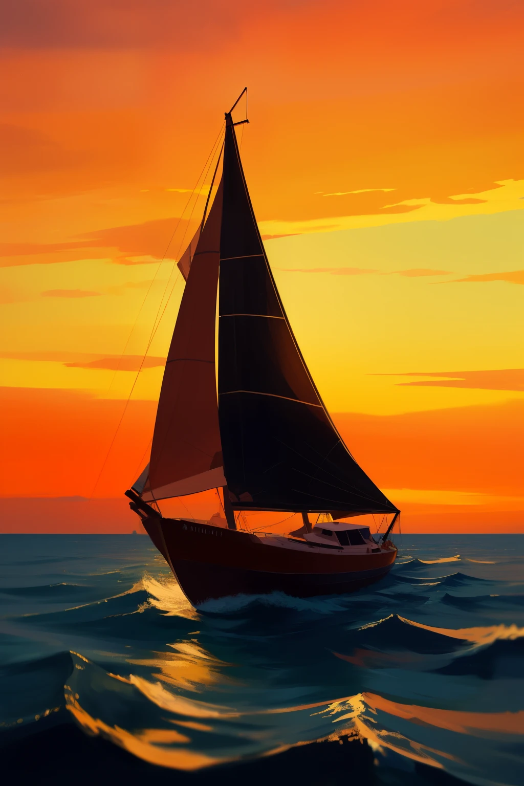 painting of a sailboat in the ocean at sunset with a bright orange sky, sailboat, sail boat on the background, sailing boat, sail, setting sun, set sail, inspired by RHADS, sun setting, warm sundown, sunset glow, sails, rhads!, oil painting on canvas, night setting, rhads!!!, on the sea, spiral brush strokes, masterpiece, captivating scene, sharp focus, beautiful composition,