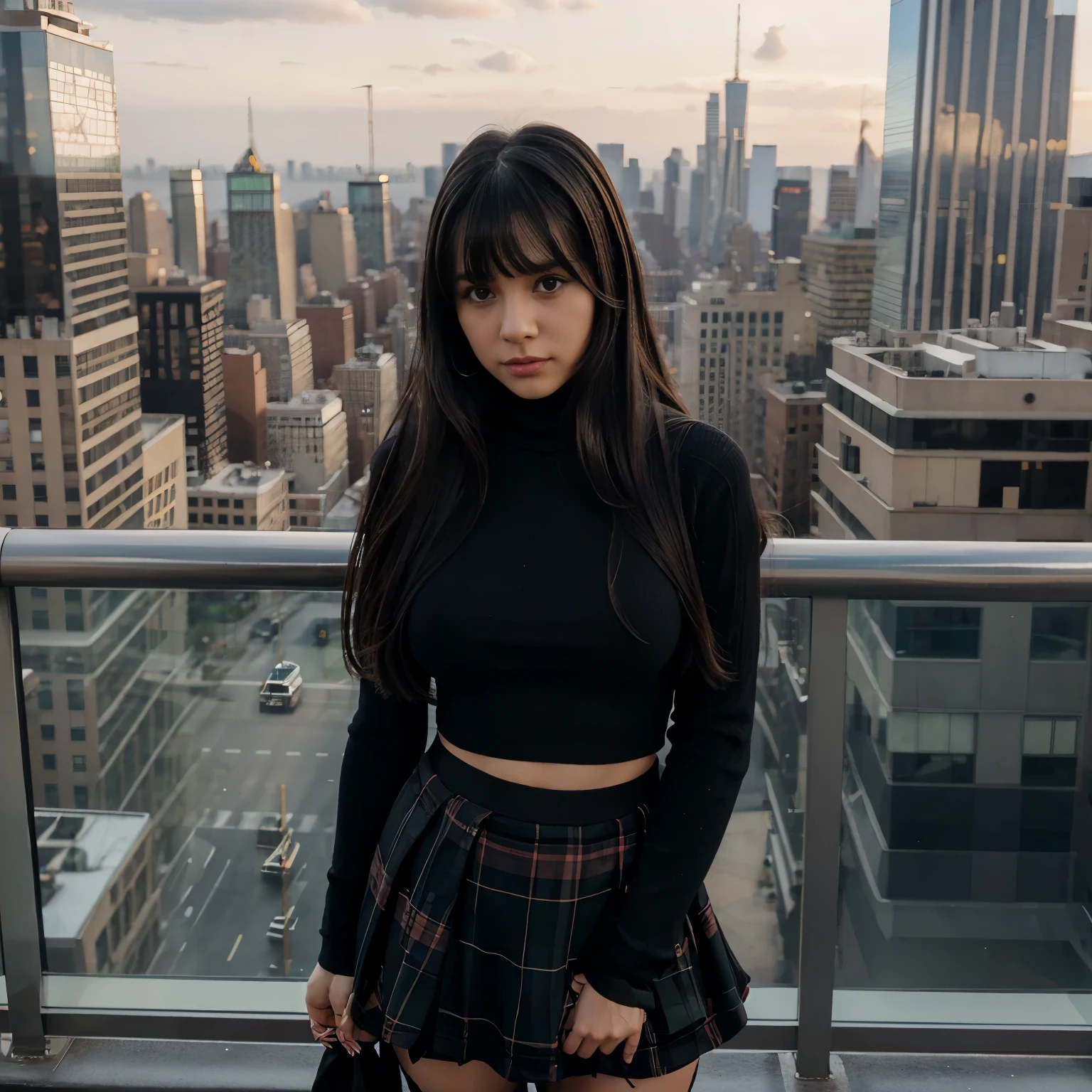 kid girl with Black long hair with bangs with big ass and big chest, wearing a black turtleneck and a sexy skirt with a plaid tights with a view of New York on a cold morning