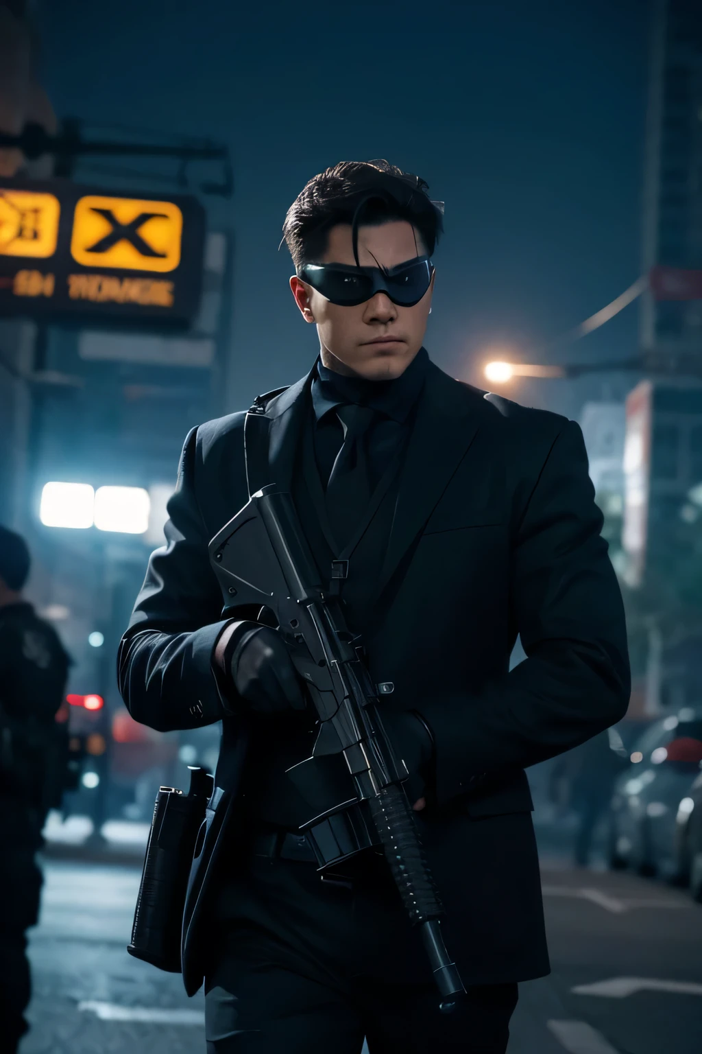 gun-toting agent，perform tasks，hidden，vigilante，in the darkness，The atmosphere is tense