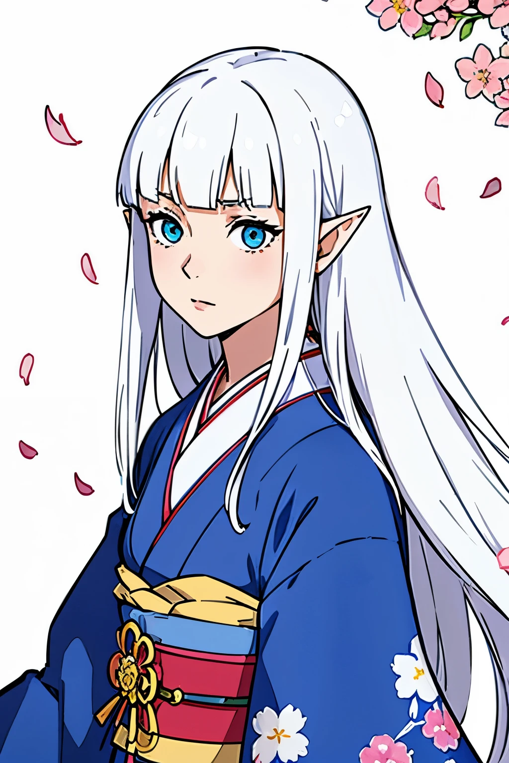 perfect image, best quality, watercolor, 1girl, kimono, flowers and petals, beautiful concept illustration, (white background:1.1), (open hair, long hair, straight hair, white hair, hime cut, blunt bangs, azure eyes, pointy ears:1.1),
