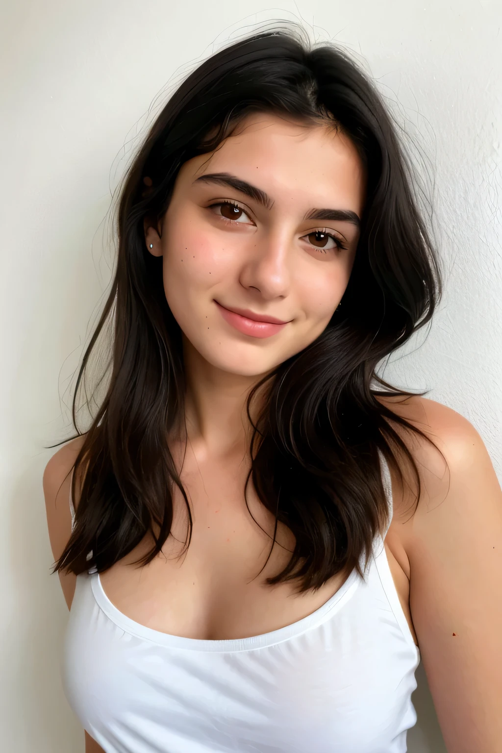A 18-year-old dark hair Italian woman posing in the room, closeup, smirking, dressed in casual shorts and top, posing, in the wall white background, height 170cm, hyper realistic face, detailed pretty face, normal nose size, pale skin, day time photo, polaroid photo, small size breast,
