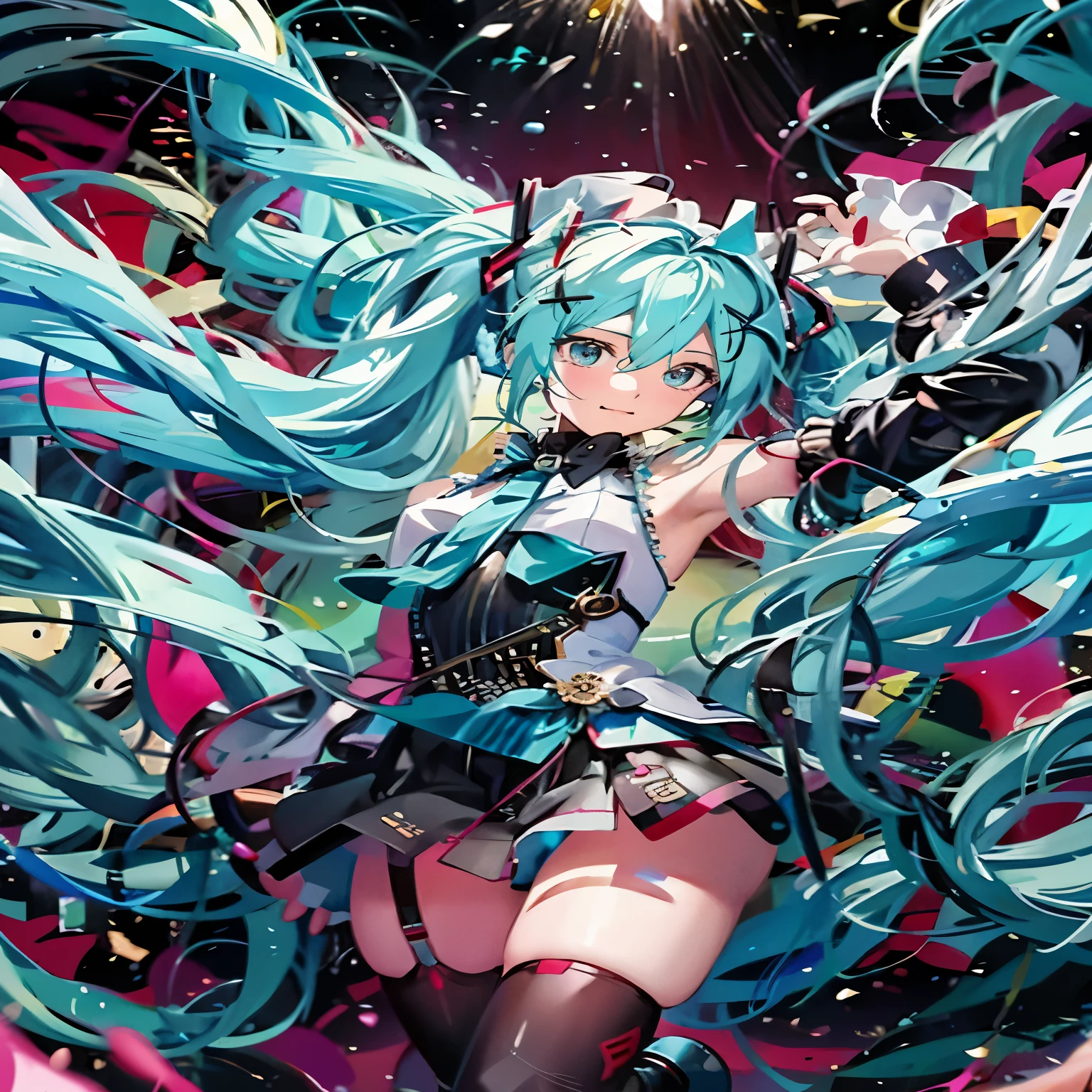 a close up of a person with long hair and a sword, vocaloid, mikudayo, hatsune miku, miku, portrait of hatsune miku, official artwork, nightcore, hatsune miku portrait, anime girl with teal hair, pixiv trending, trending on artstation pixiv, official anime artwork, digital art on pixiv, pixiv daily ranking