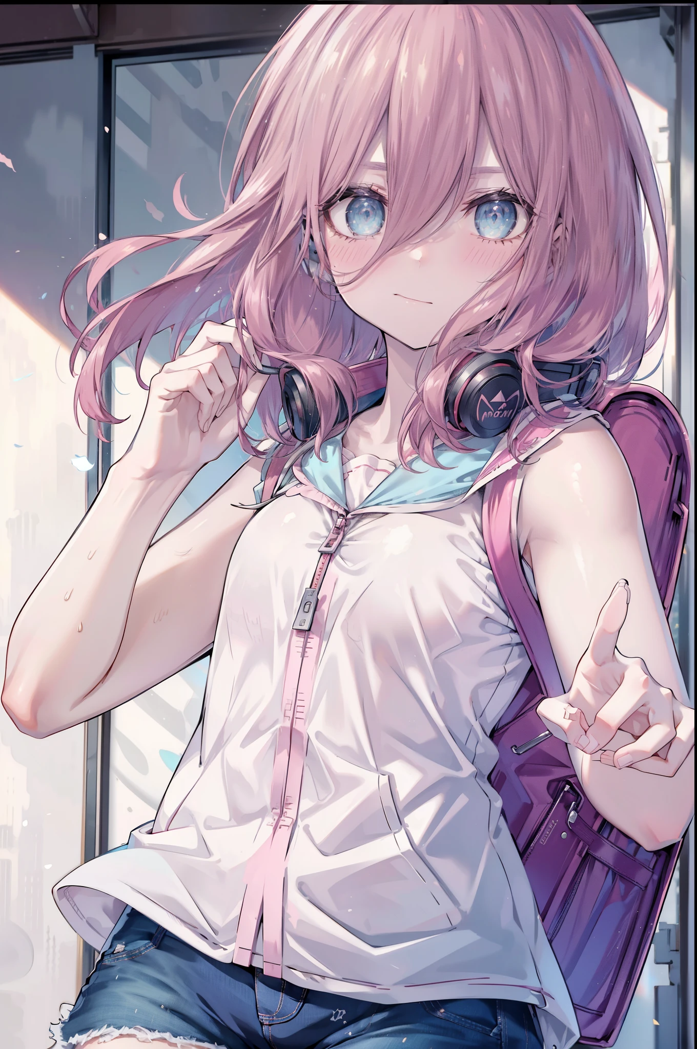 miku nakano, Nakano Miku Ticket III, long hair, bangs, blue eyes, brown hair, hair between eyes, blush,smile,headphones, body shape,headphones around neck,wearing pink school bag backpack, 正面figure, (school bag backpack:1.0), Are standing,sleeveless shirt,It's a bellybutton,short denim pants,sneakers,
break outdoors, residential street,
break looking at viewer, (cowboy shot:1.5), (Upper body:1.5),
break (masterpiece:1.2), highest quality, High resolution, unity 8k wallpaper, (figure:0.8), (detailed and beautiful eyes:1.6), highly detailed face, perfect lighting, Very detailed CG, (perfect hands, perfect anatomy),