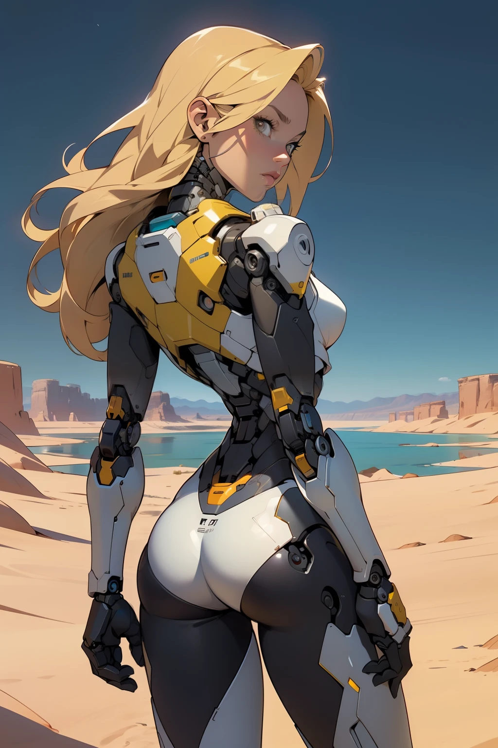 high quality, 4k, masterpiece, beautiful, cyborg girl, cowboy shot, dull eyes, back side, turning around to look at viewer, long blonde hair, girl, small breasts, fit thigh, robotic arms, robotic body, cyborg body, yellow accent, red accent, intricate detail, joint, detailed lines, robotic detail, holding fist up, holding hand up as fist, color robotic parts, robotic parts with color, perfect fingers, on a desert planet, sunny background, colorful desert, a river or a lake in the background