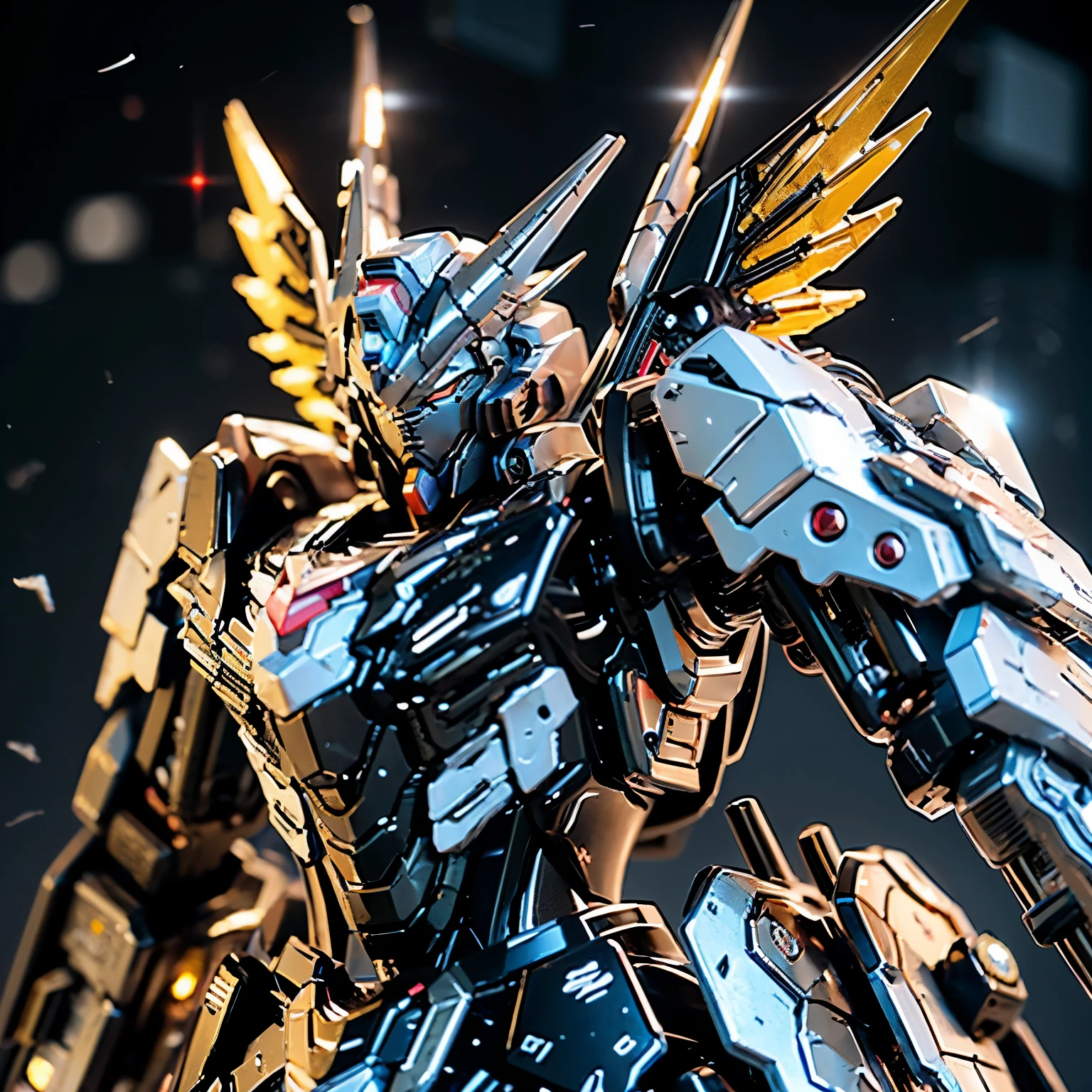 Gundam-style skeleton with lots of mechanical details. Exterior armor with lots of details. Well-proportioned. Best quality masterpiece. Humanoid black and white color. Partially aged in Kivotos at night. Detailed close-up of Gundam head in battle. Floating cannon wings with lots of mechanical details.