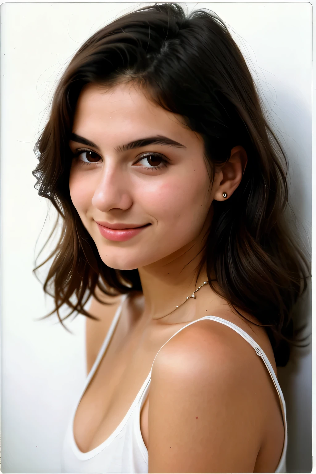 A 18-year-old dark hair Italian woman posing in the room, closeup, smirking, dressed in casual shorts and top, posing, in the wall white background, height 170cm, hyper realistic face, detailed pretty face, normal nose size, pale skin, day time photo, polaroid photo, small size breast,