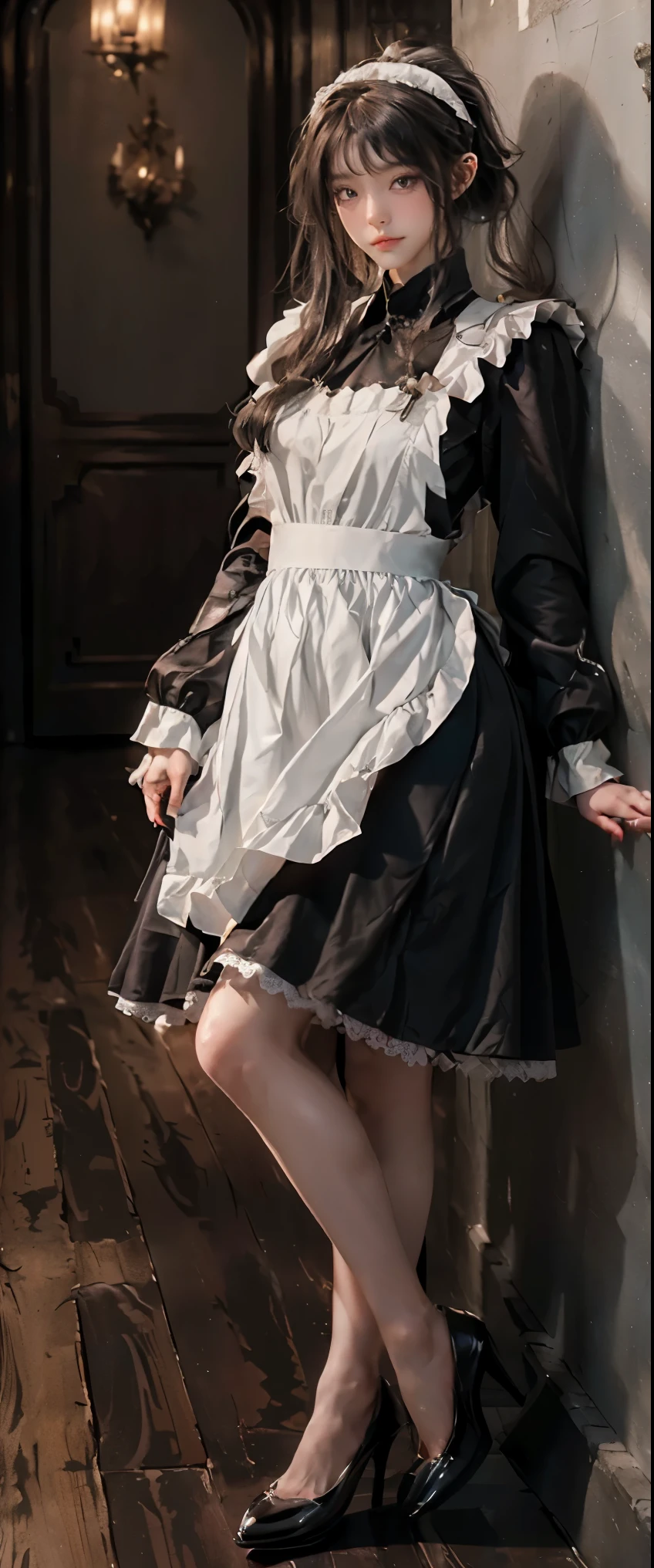 masterpiece、highest quality、High resolution、photorealistic、High resolution、Raw photo、(A maid standing in the hallway of a luxurious mansion)、((1girl、Young woman hiding in the corner of the hallway、detailed face and eyes、beautiful face、ponytail、shiny skin、realistic skin texture、wearing a maid costume、hold a gun、dynamic pose、long sleeve、 big breasts、big ass))、((black maid dress、long sleeve、long skirt、white apron、headdress、high heels))、