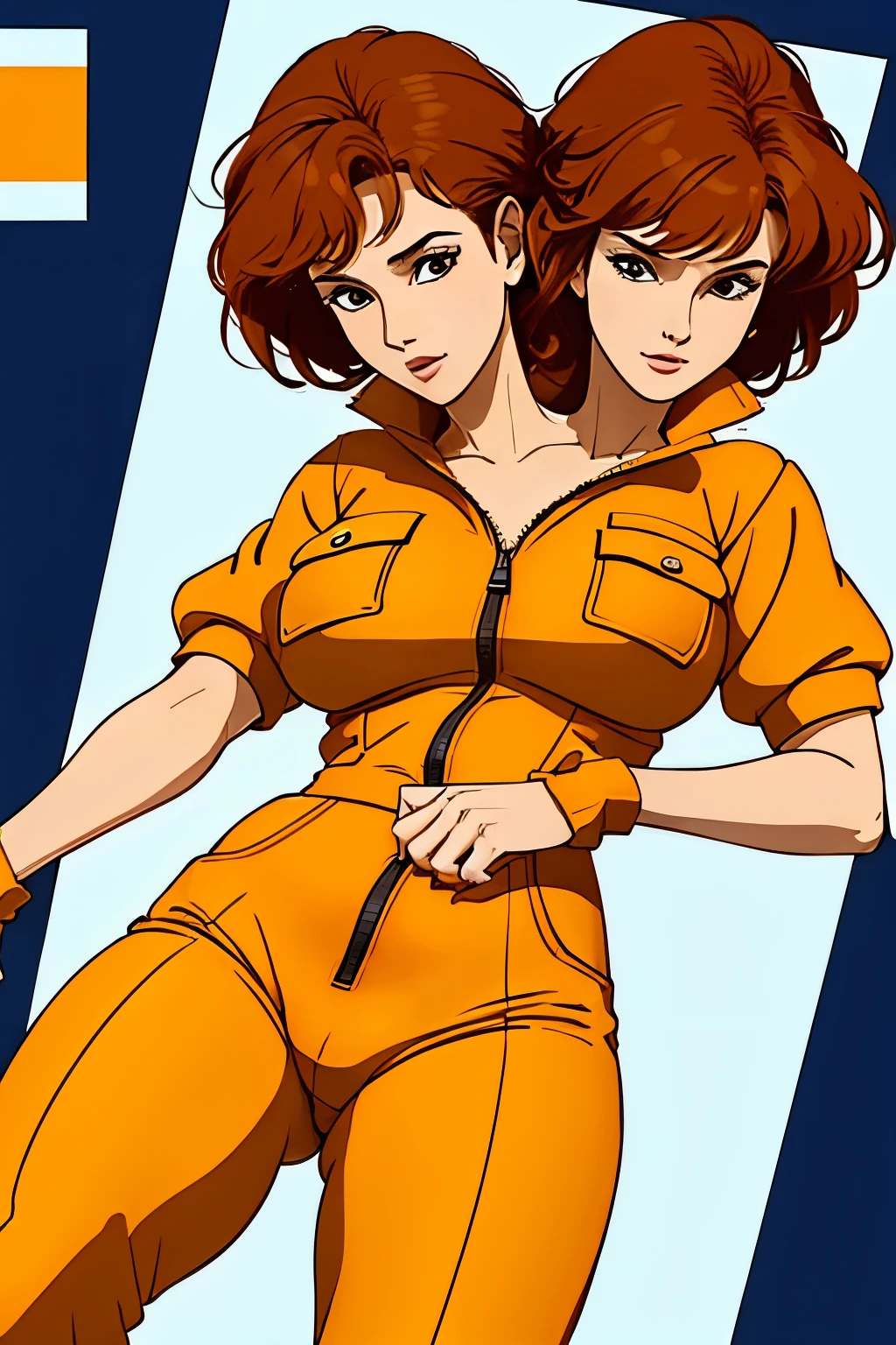 (2heads),1man, conjoined dicephalus,cowboy shot,1980s \(style\), brown hair, orange hair, retro artstyle, short hair, solo, yellow unzipped jump suit, jump suit , sfw,big bulge,man