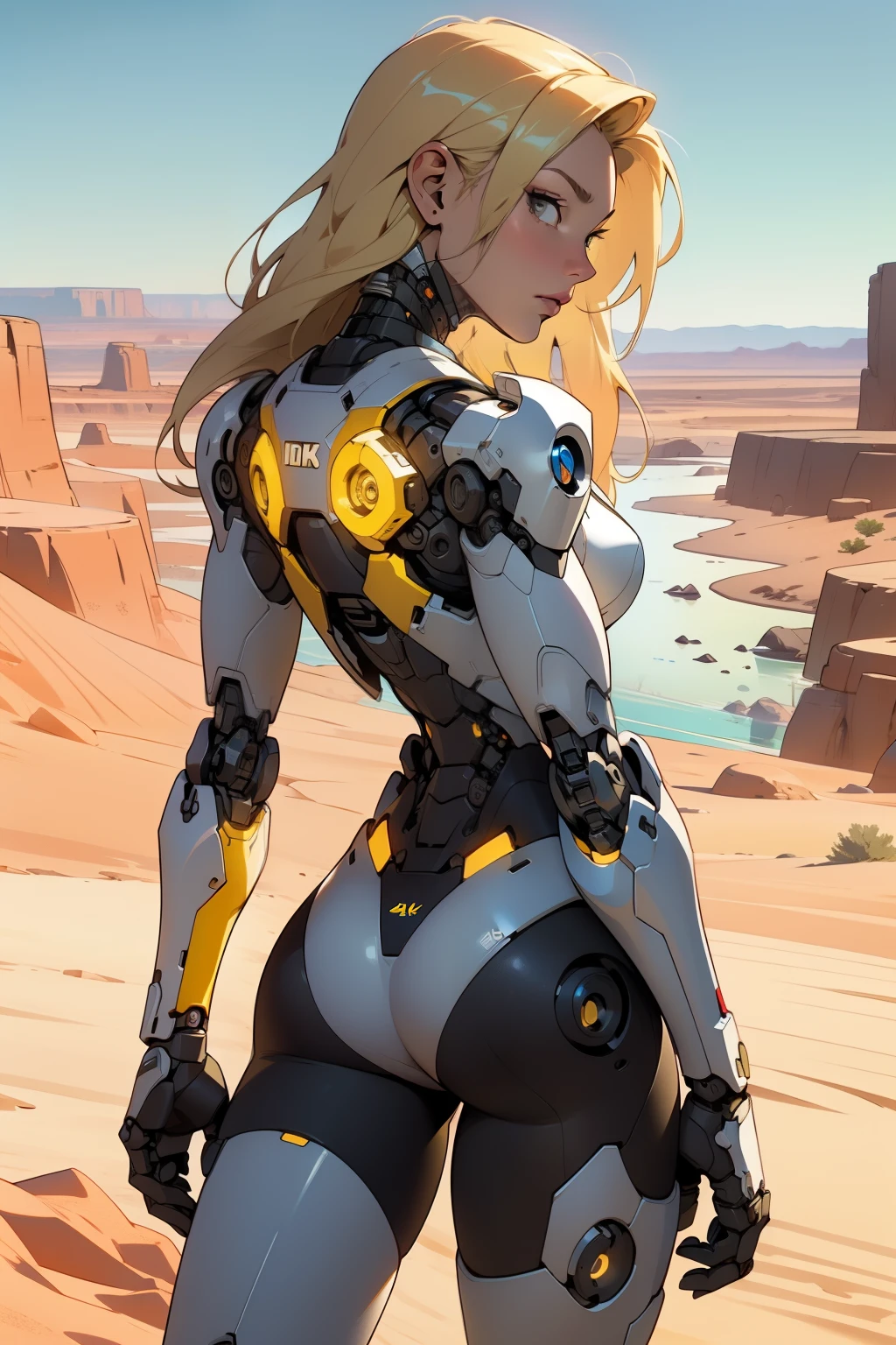 high quality, 4k, masterpiece, beautiful, cyborg girl, cowboy shot, dull eyes, back side, turning around to look at viewer, long blonde hair, girl, small breasts, fit thigh, robotic arms, robotic body, cyborg body, yellow accent, red accent, intricate detail, joint, detailed lines, robotic detail, holding fist up, holding hand up as fist, color robotic parts, robotic parts with color, perfect fingers, on a desert planet, sunny background, colorful desert, a river or a lake in the background