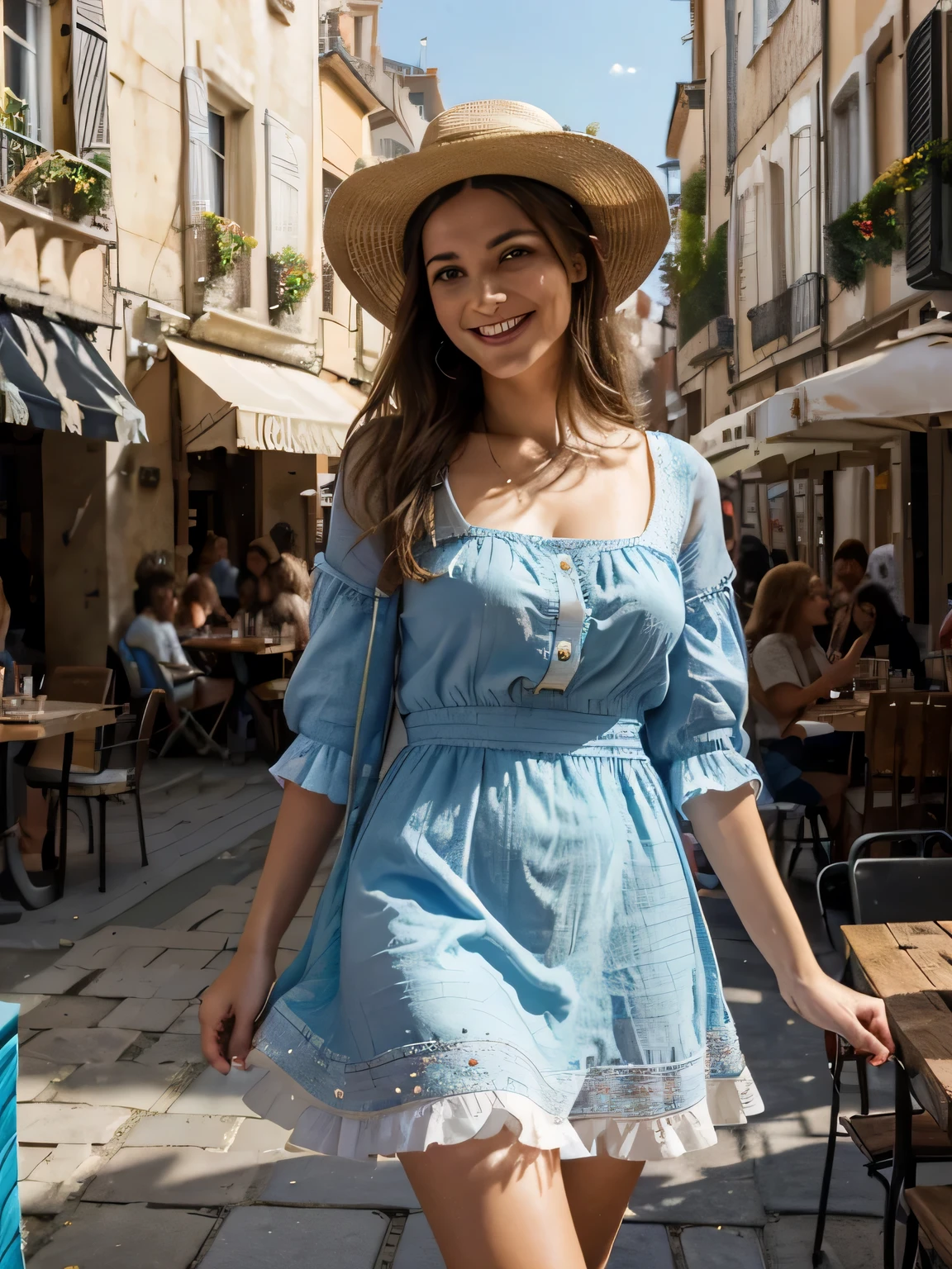(best quality,high resolution,ultra-detailed:1.2), HDR, Couleurs vives, belle fille, Place de Barcelone, Lively atmosphere, architecture de charme, colorful flowers, Gens heureux, vue imprenable, cozy coffee, Repas en plein air, sunny weather, elegant dress, Chapeau Élégant, expression joyeuse, cheveux longs et flottants, artistes de rue dynamiques, Lively crowd, musiciens de rue, stands de nourriture alléchants, REPERES historiques, mosaic pavé, decorative fonts, palmiers, Ciel bleu, chaud soleil, rire et rire, moments d&#39;insouciance
